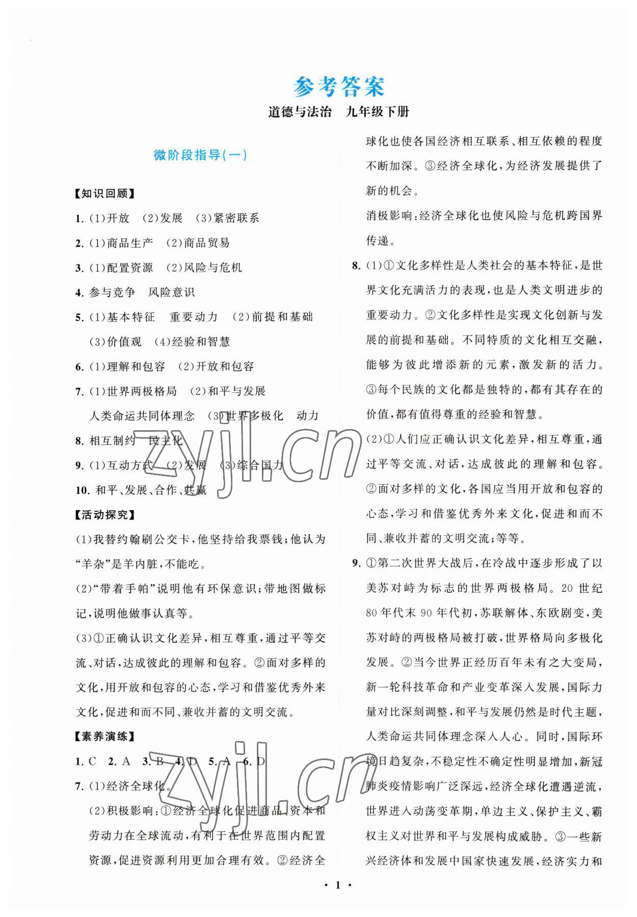 2023年同步練習(xí)冊(cè)分層卷九年級(jí)道德與法治下冊(cè)人教版陜西專版 第1頁(yè)