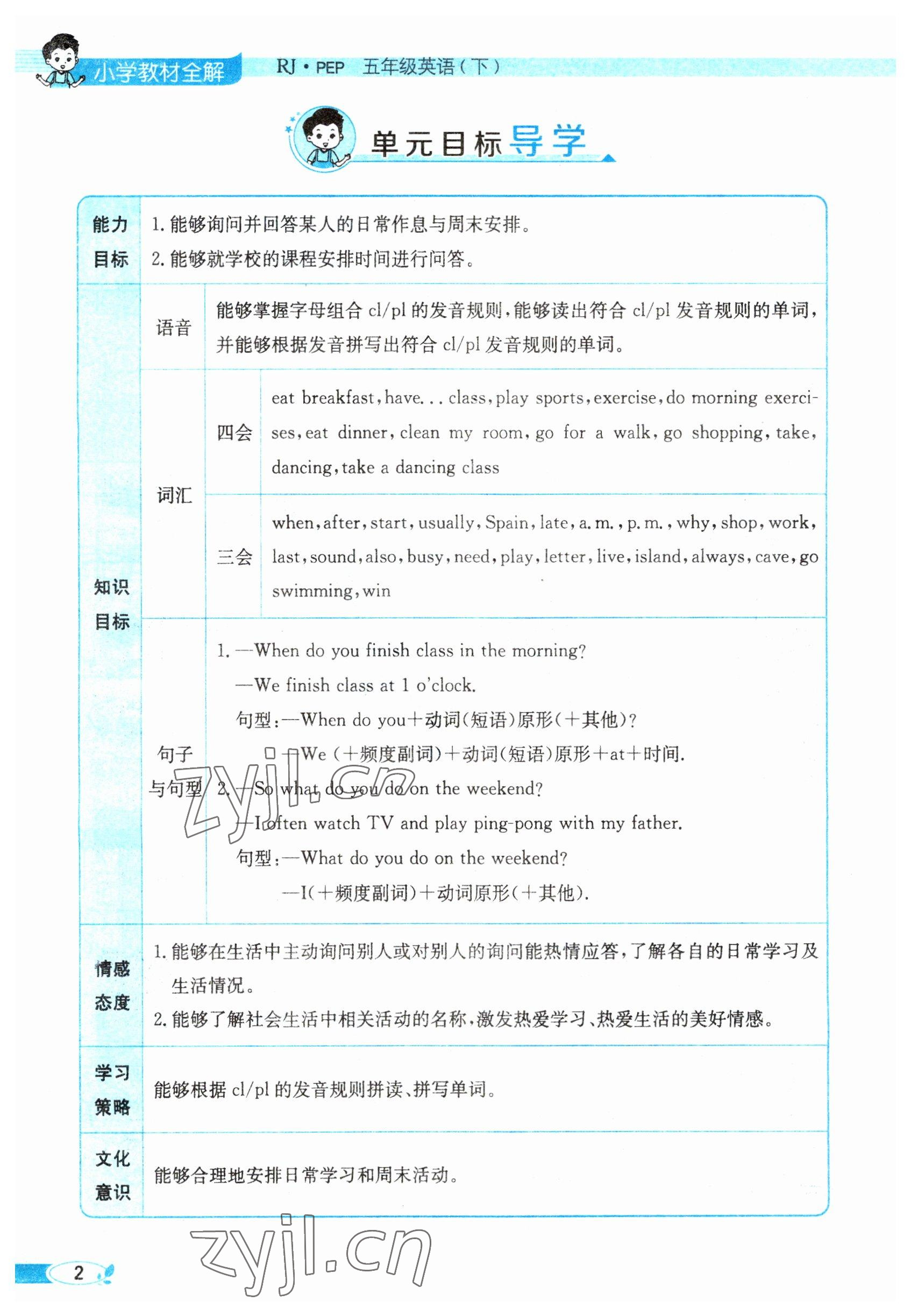 2023年教材課本五年級(jí)英語下冊(cè)人教版 參考答案第2頁