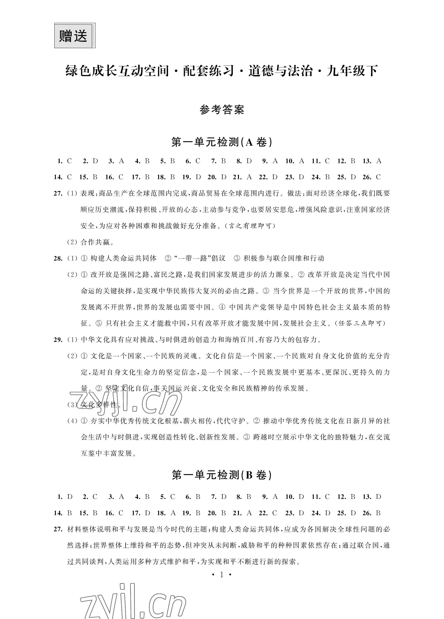2023年綠色成長互動空間配套練習九年級道德與法治下冊人教版 參考答案第1頁