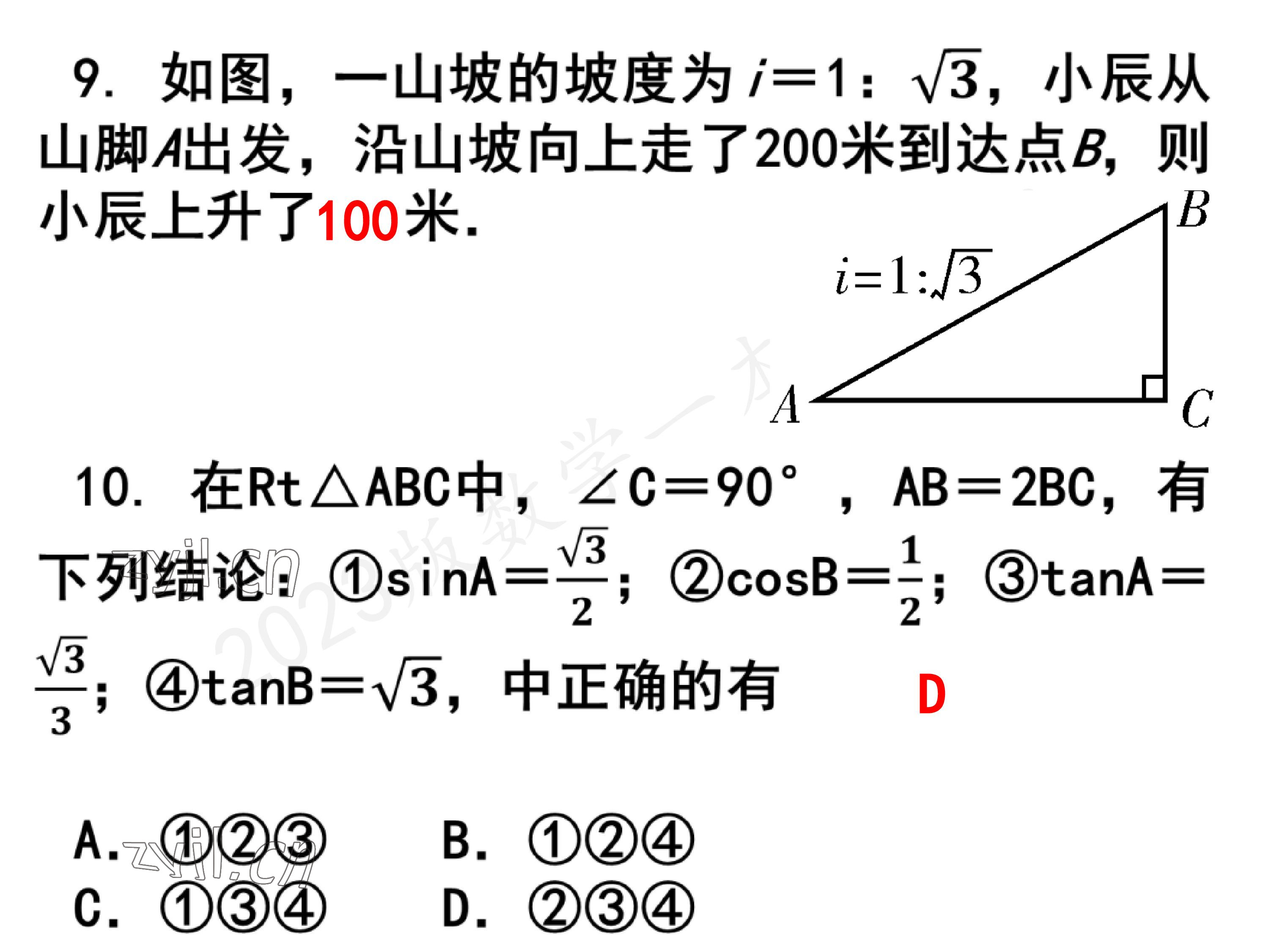 2023年一本通武汉出版社九年级数学下册北师大版 参考答案第19页