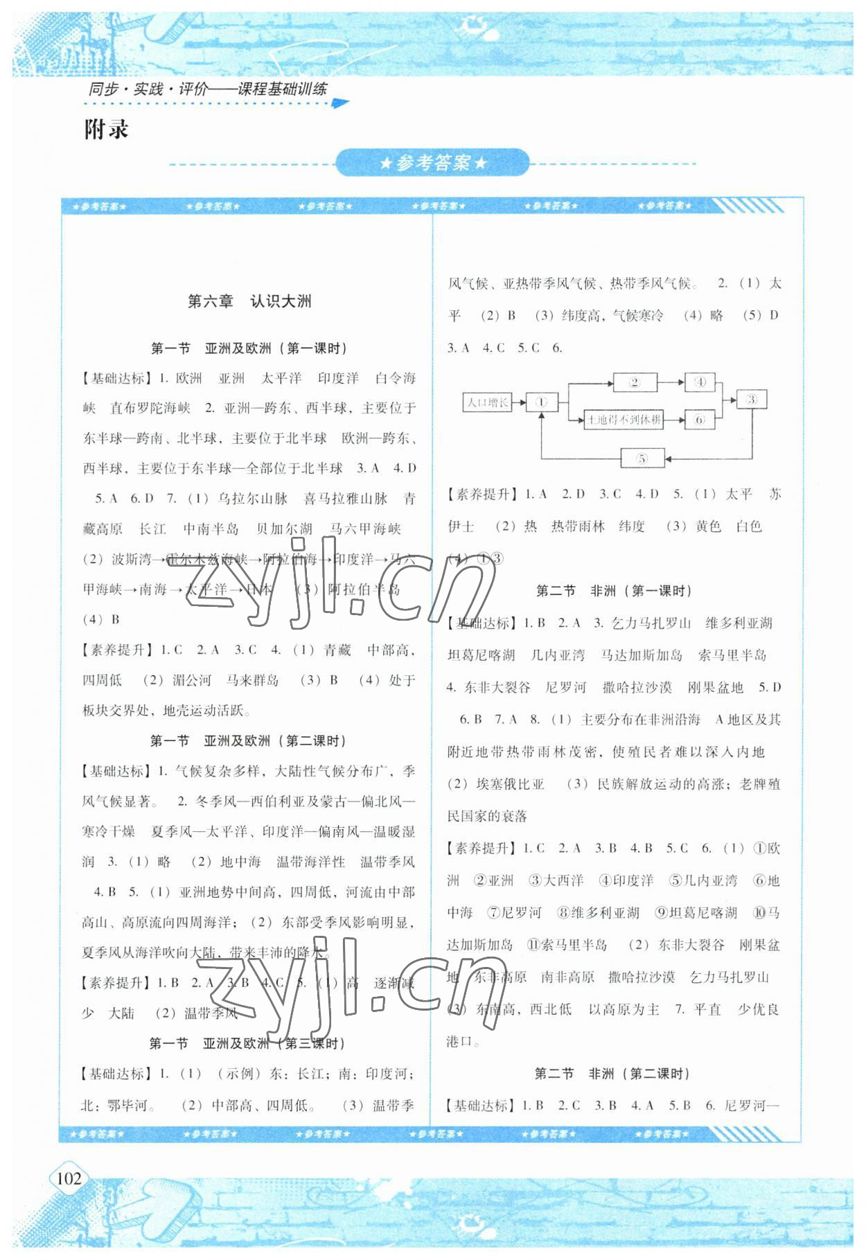 2023年同步实践评价课程基础训练七年级地理下册湘教版 参考答案第1页