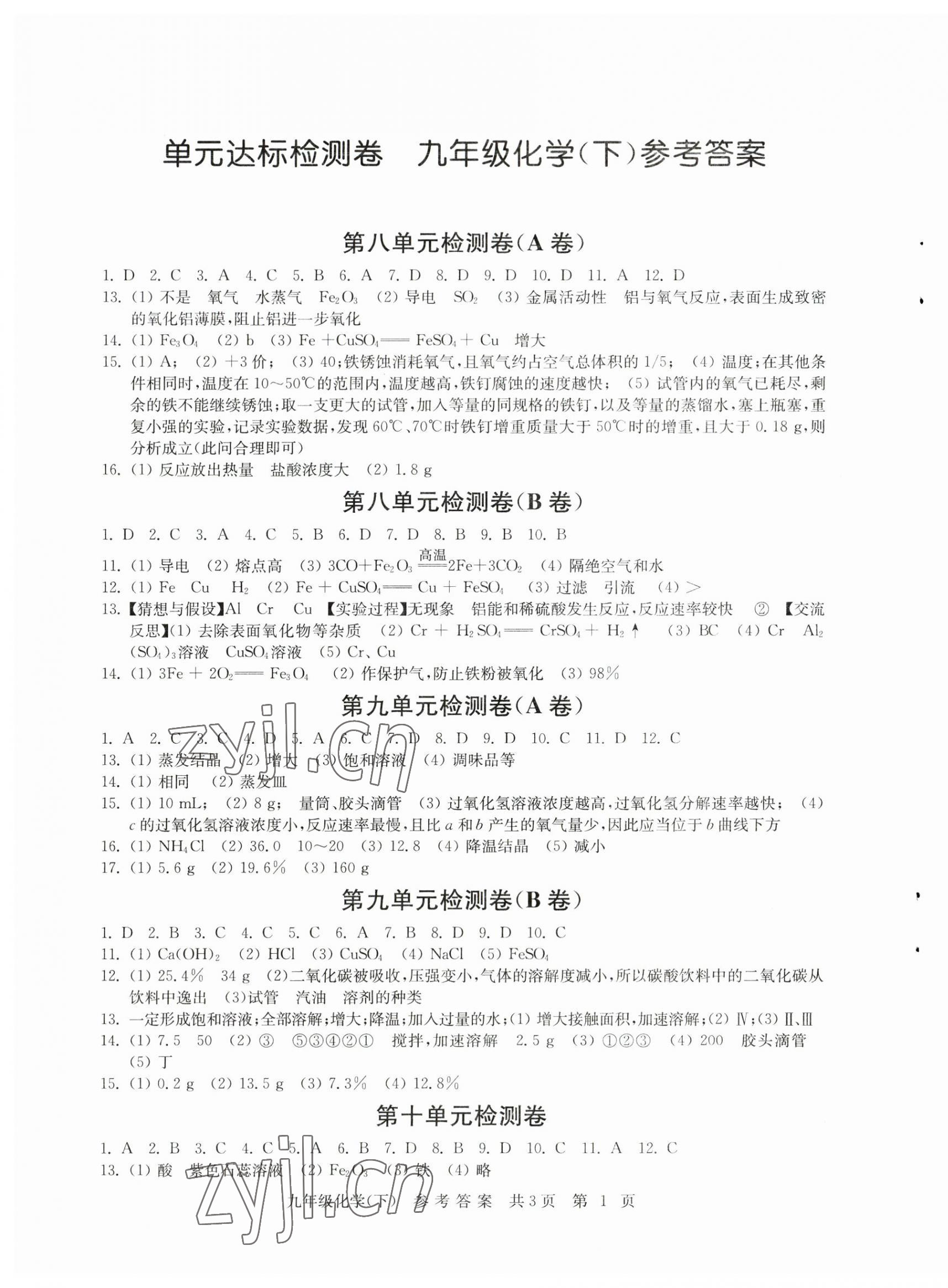 2023年伴你學(xué)單元達(dá)標(biāo)測試卷九年級化學(xué)下冊人教版 參考答案第1頁