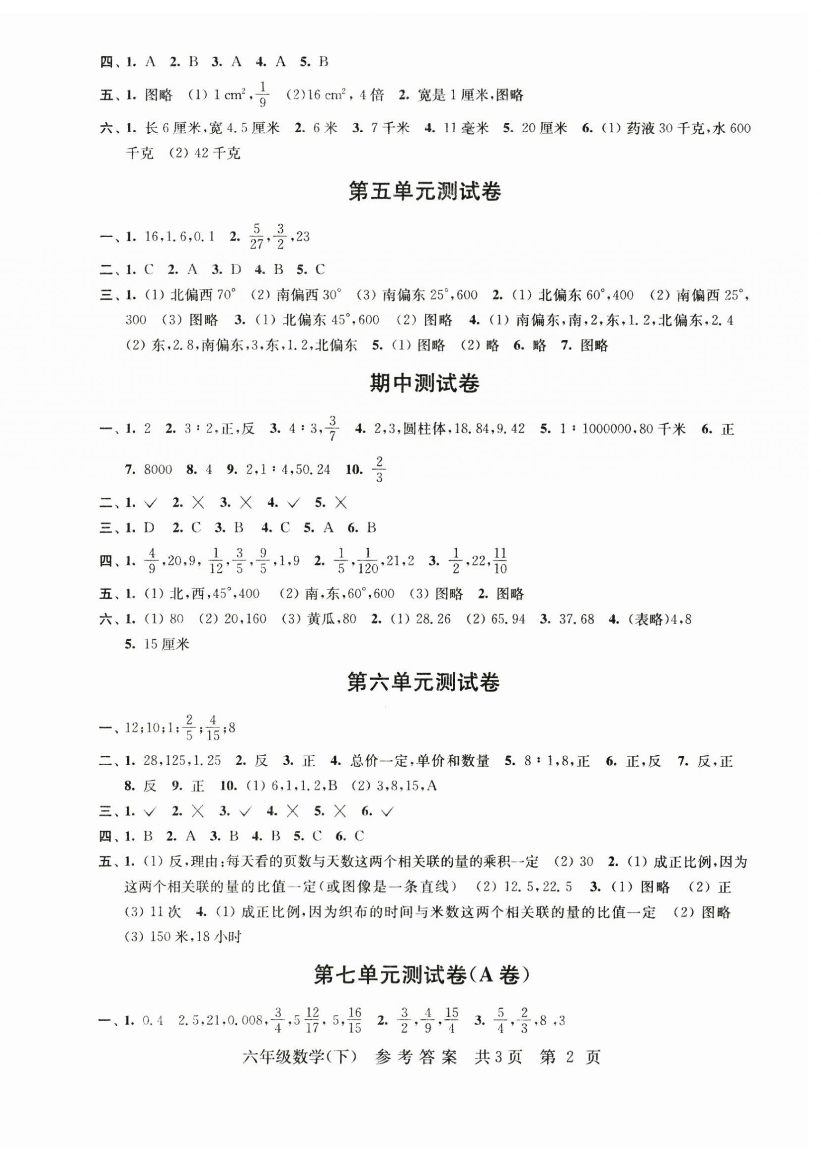 2023年伴你学单元达标测试卷六年级数学下册苏教版 参考答案第2页