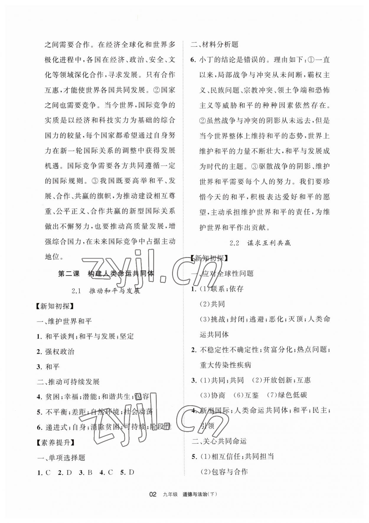 2023年學習之友九年級道德與法治下冊人教版 參考答案第2頁