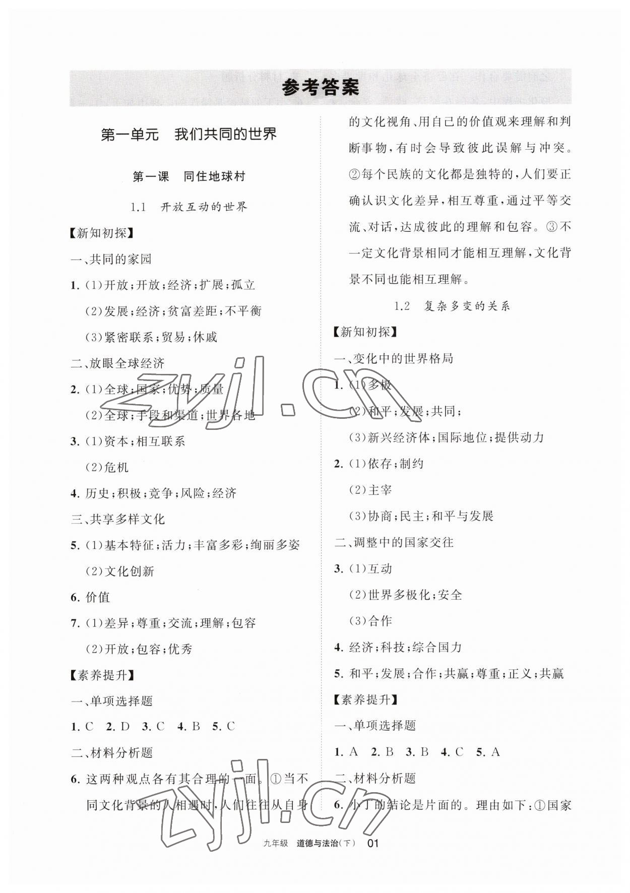 2023年学习之友九年级道德与法治下册人教版 参考答案第1页