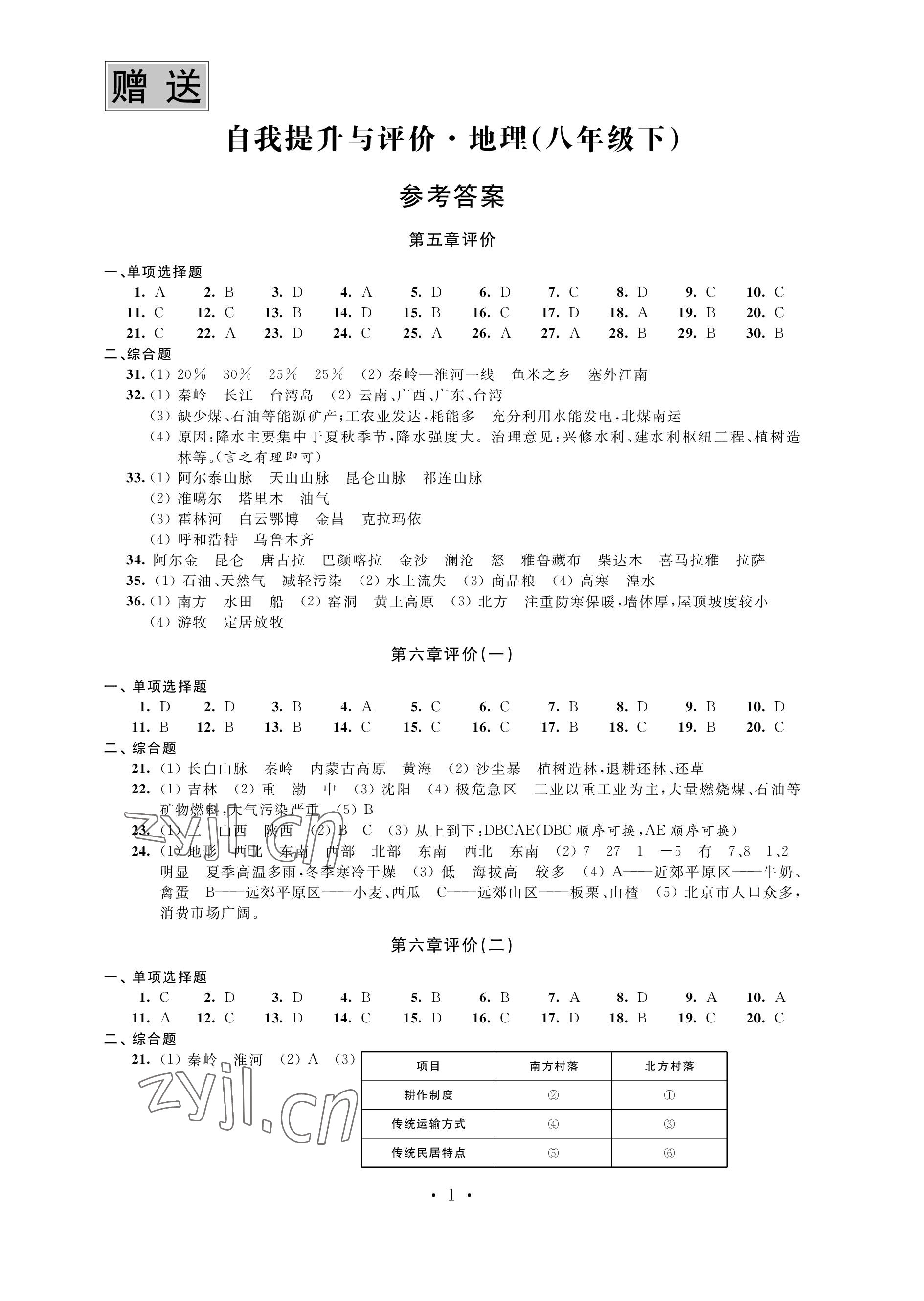 2023年自我提升與評價八年級地理下冊人教版 參考答案第1頁