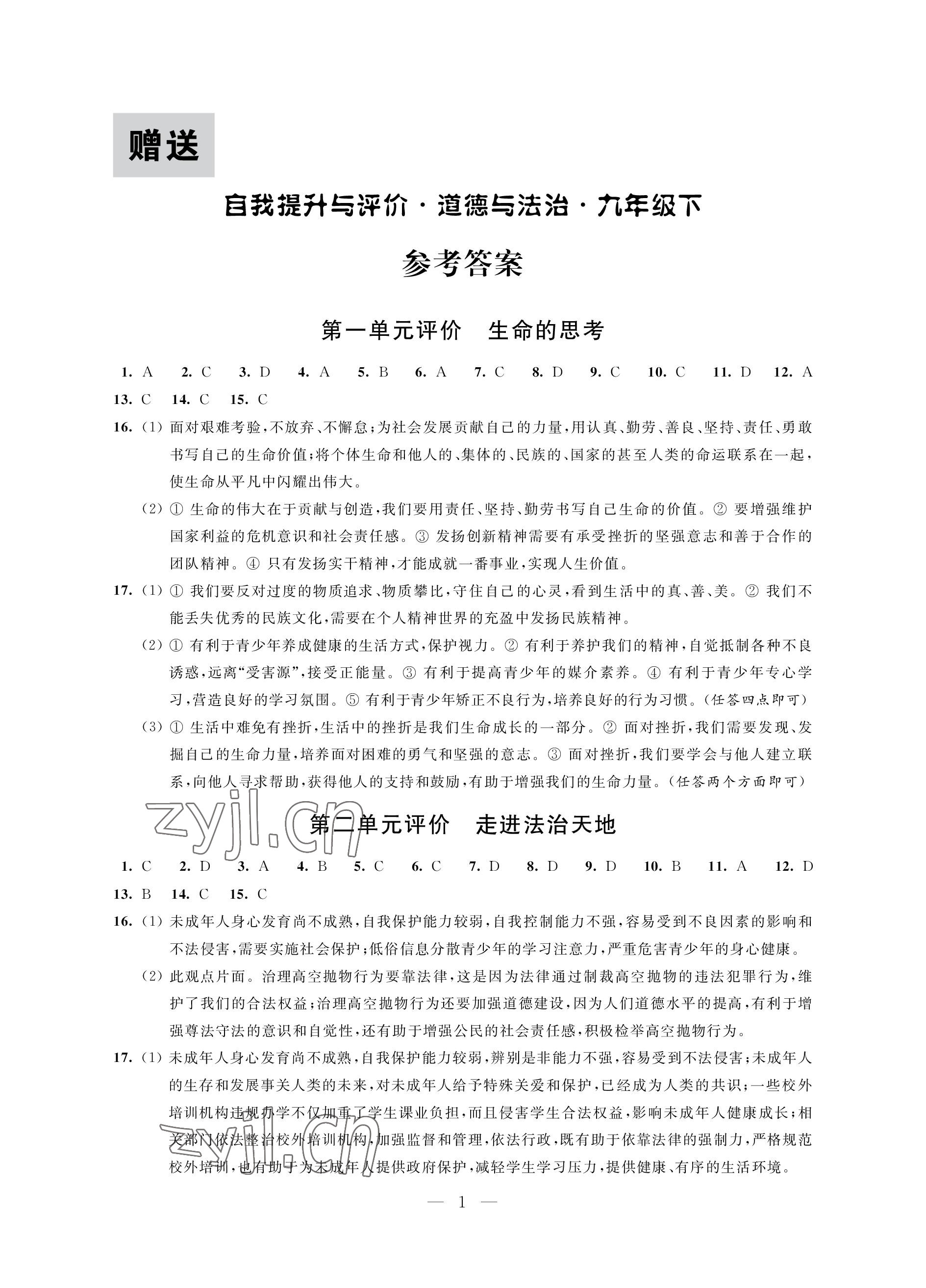 2023年自我提升與評(píng)價(jià)九年級(jí)道德與法治下冊人教版 參考答案第1頁