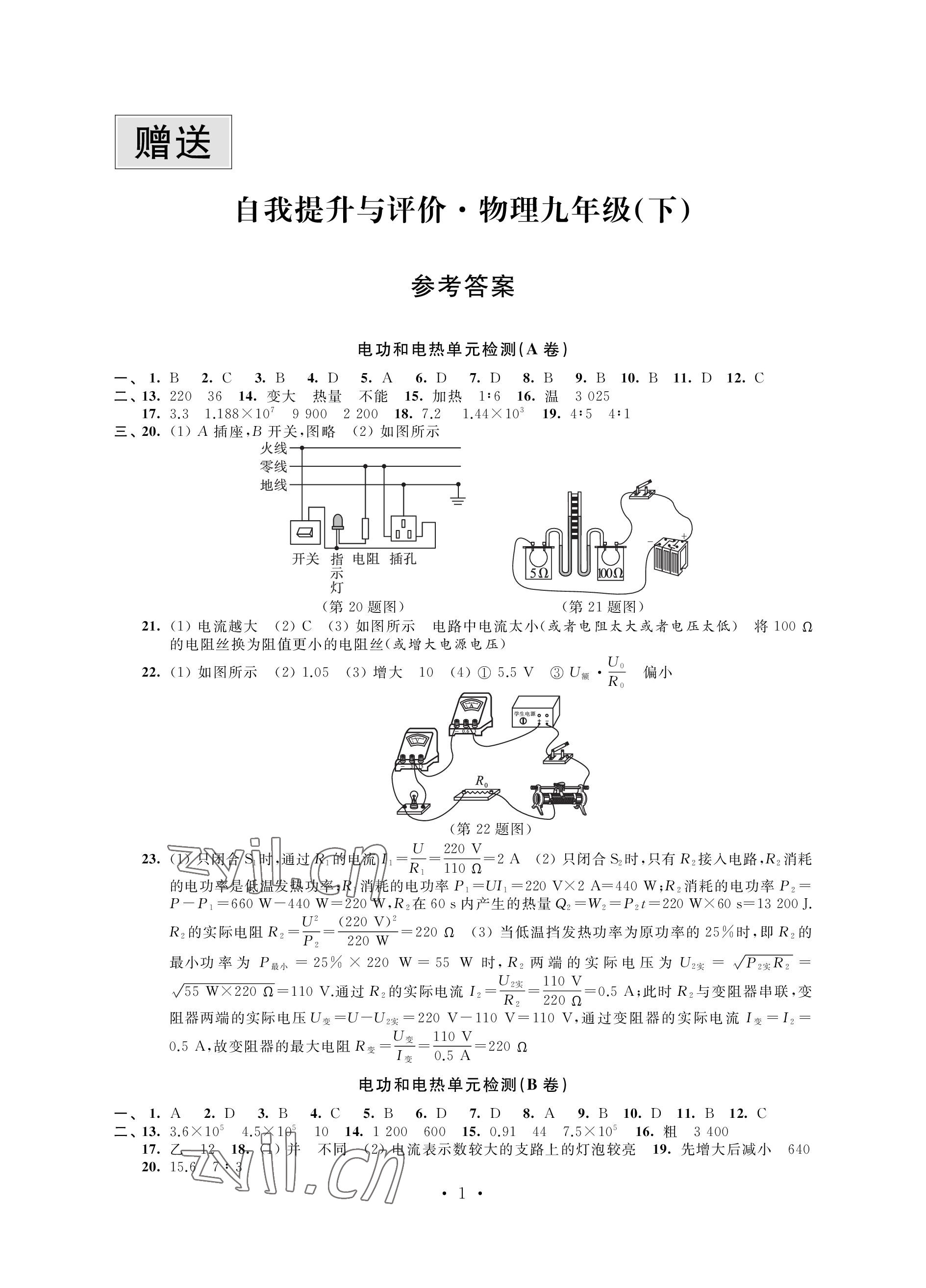 2023年自我提升与评价九年级物理下册苏科版 参考答案第1页