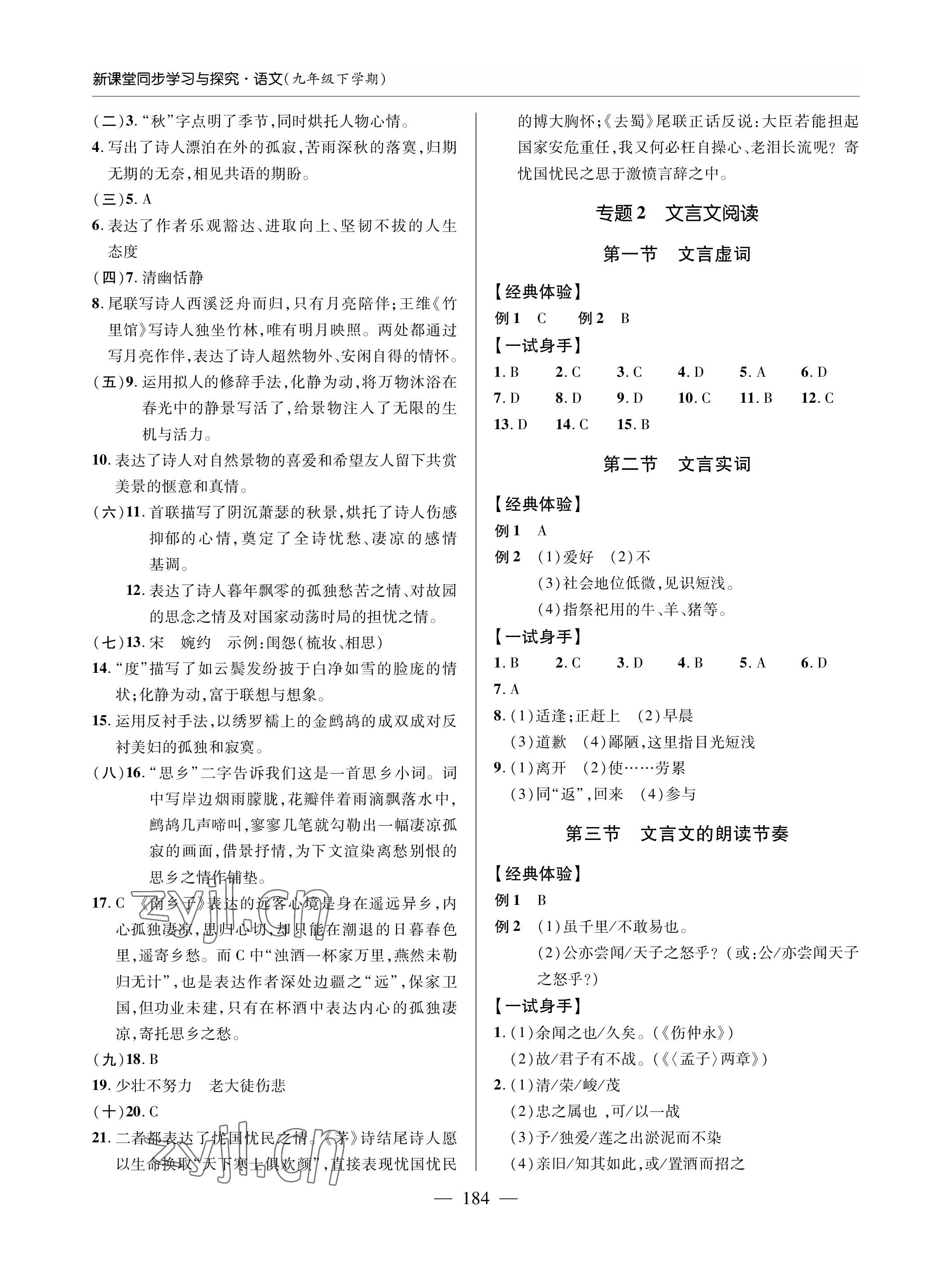 2023年新课堂同步学习与探究九年级语文下册人教版金乡专版 参考答案第5页