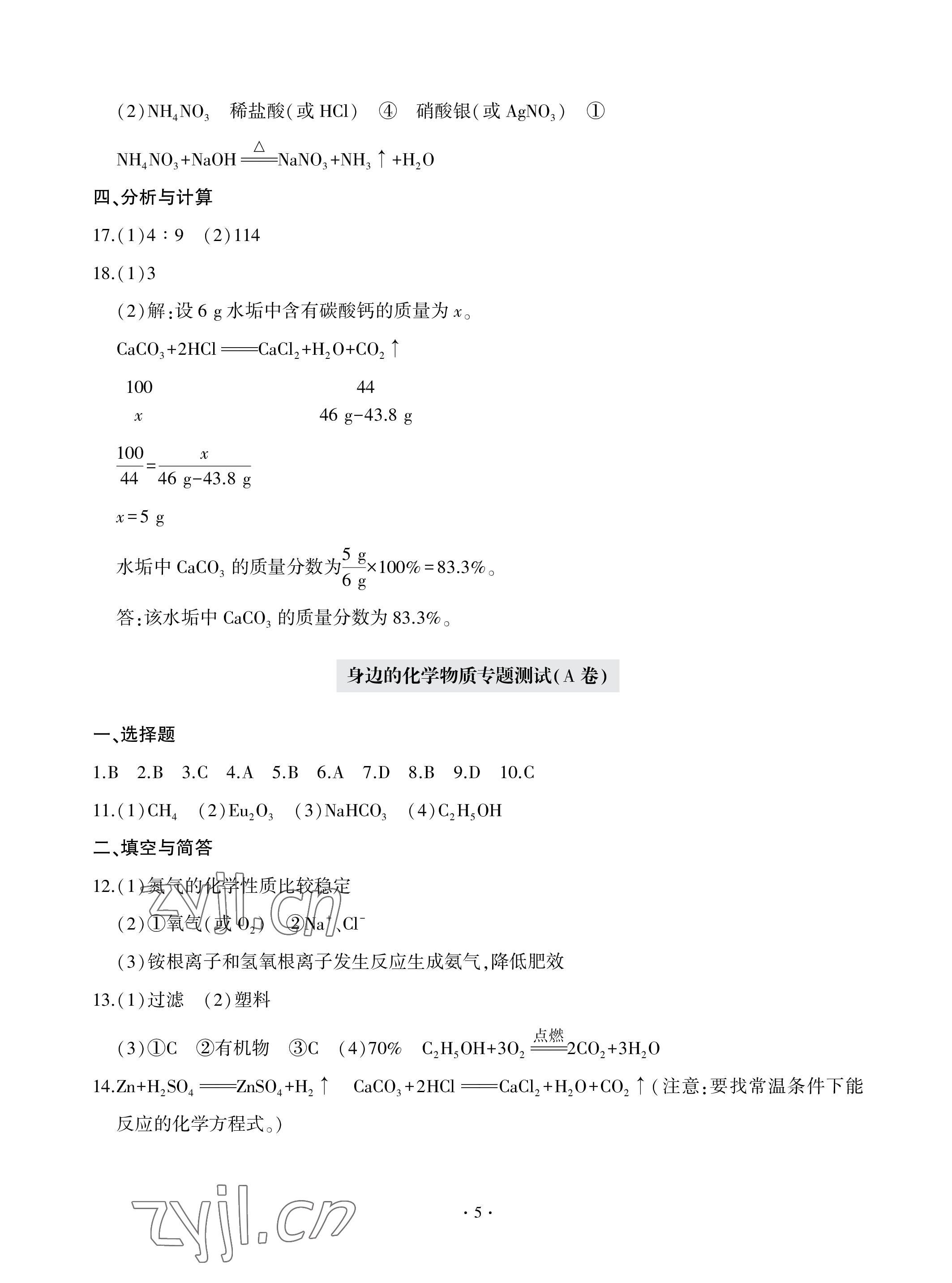 2023年單元自測試卷青島出版社九年級化學(xué)下學(xué)期人教版 參考答案第5頁