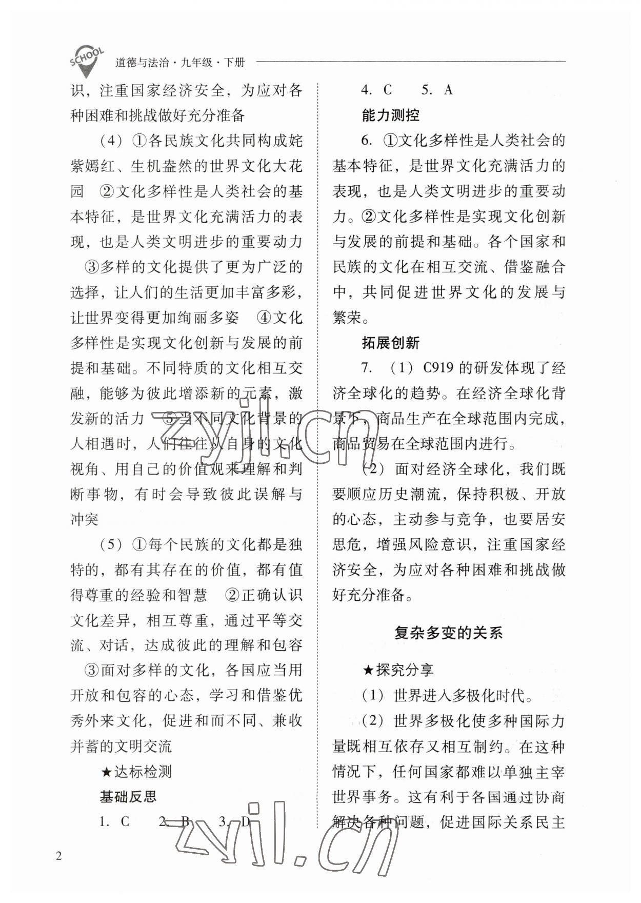 2023年新課程問題解決導(dǎo)學(xué)方案九年級道德與法治下冊人教版 參考答案第2頁