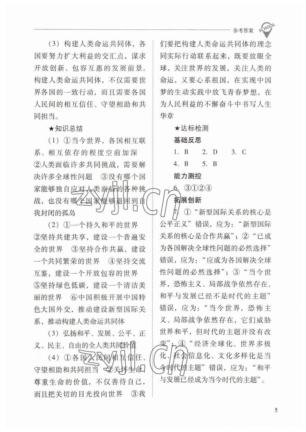 2023年新課程問題解決導(dǎo)學(xué)方案九年級道德與法治下冊人教版 參考答案第5頁