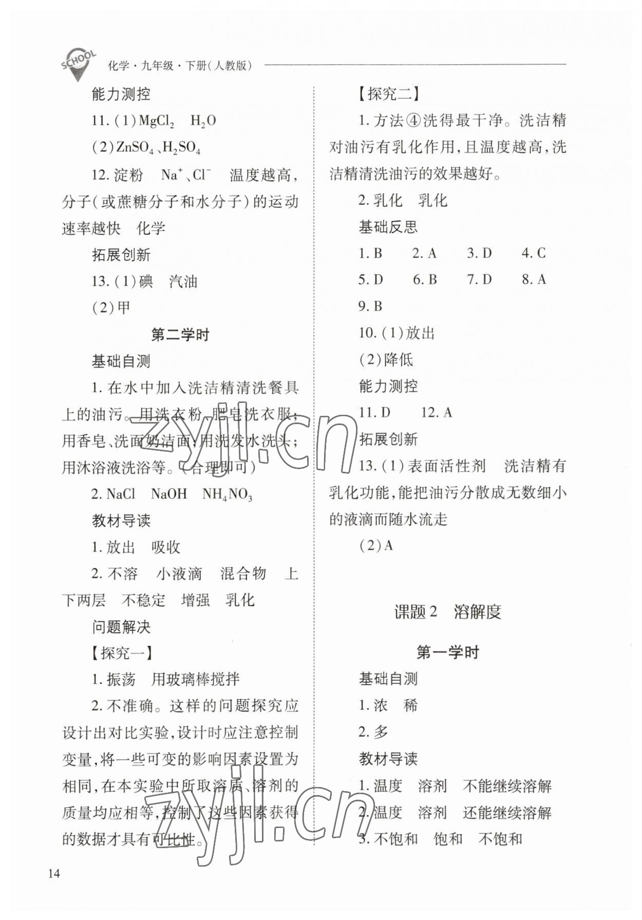 2023年新课程问题解决导学方案九年级化学下册人教版 参考答案第14页