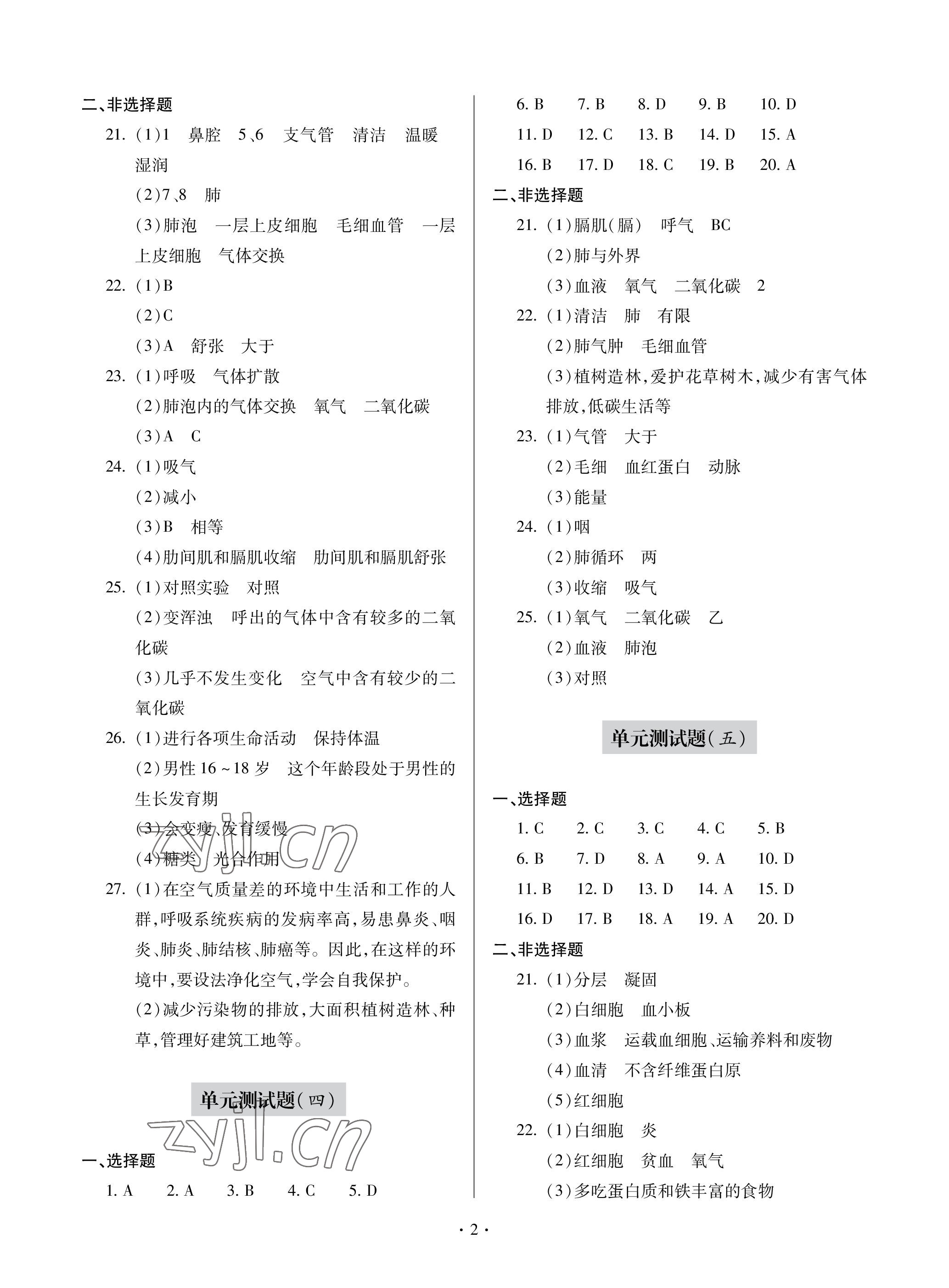 2023年单元自测试卷青岛出版社七年级生物下学期人教版 参考答案第2页