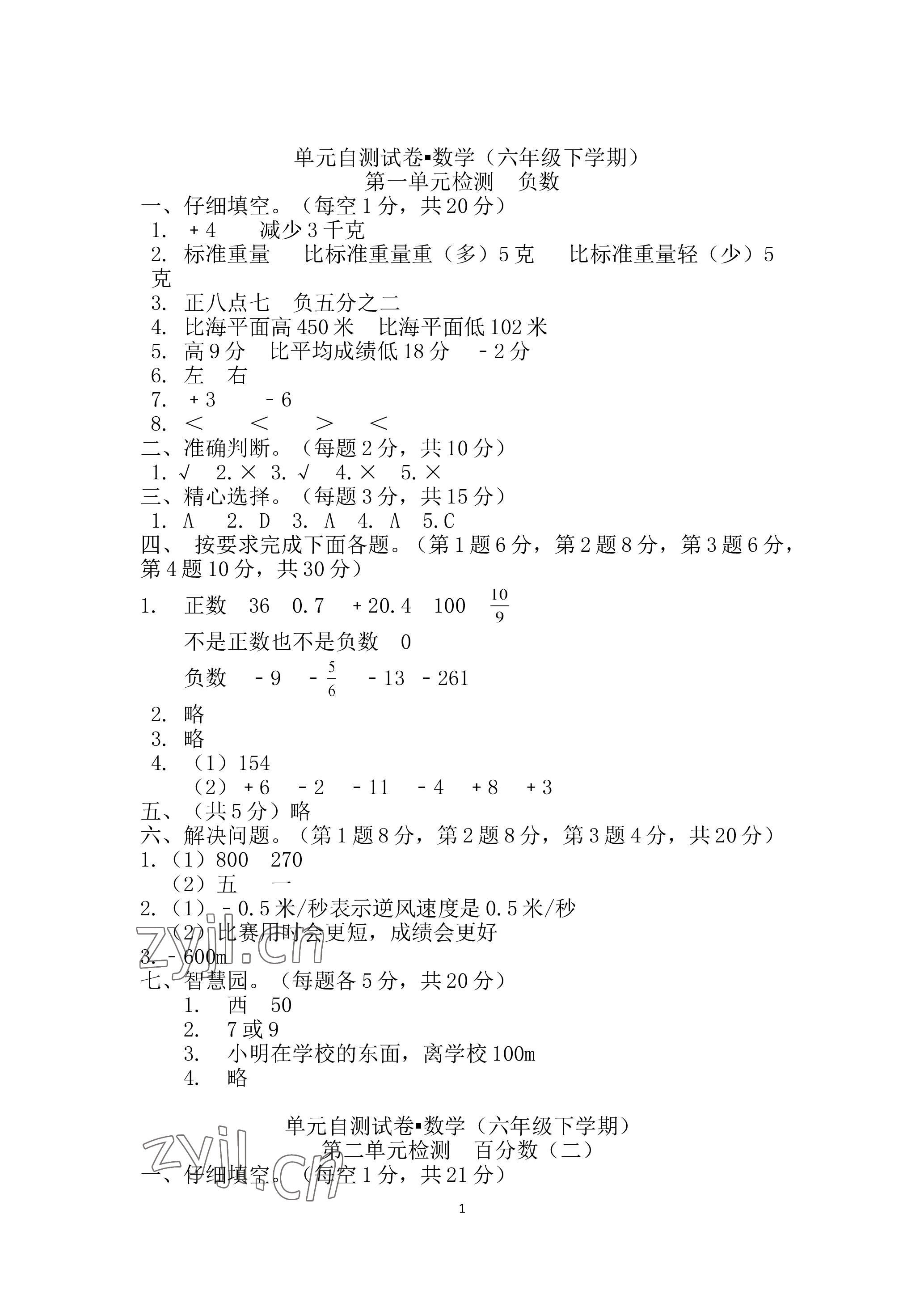 2023年单元自测试卷青岛出版社六年级数学下学期人教版 参考答案第1页