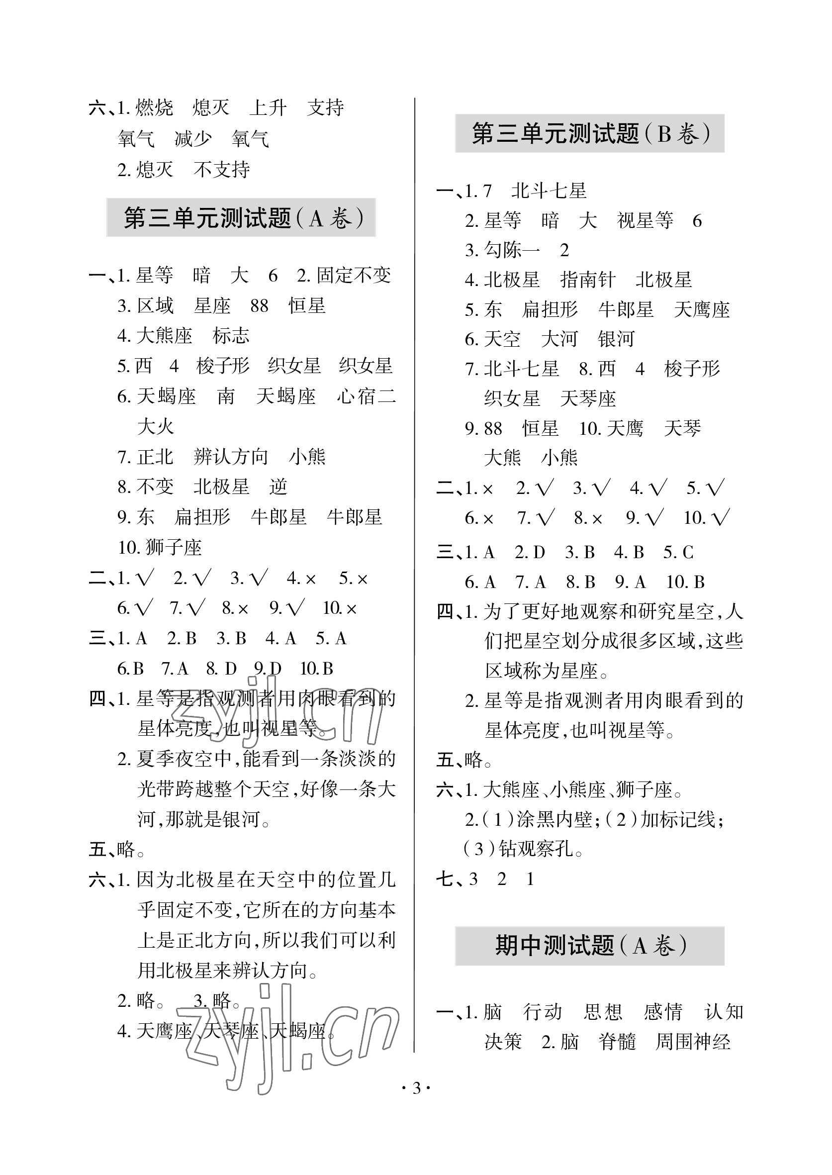 2023年单元自测试卷青岛出版社五年级科学下学期青岛版 参考答案第3页