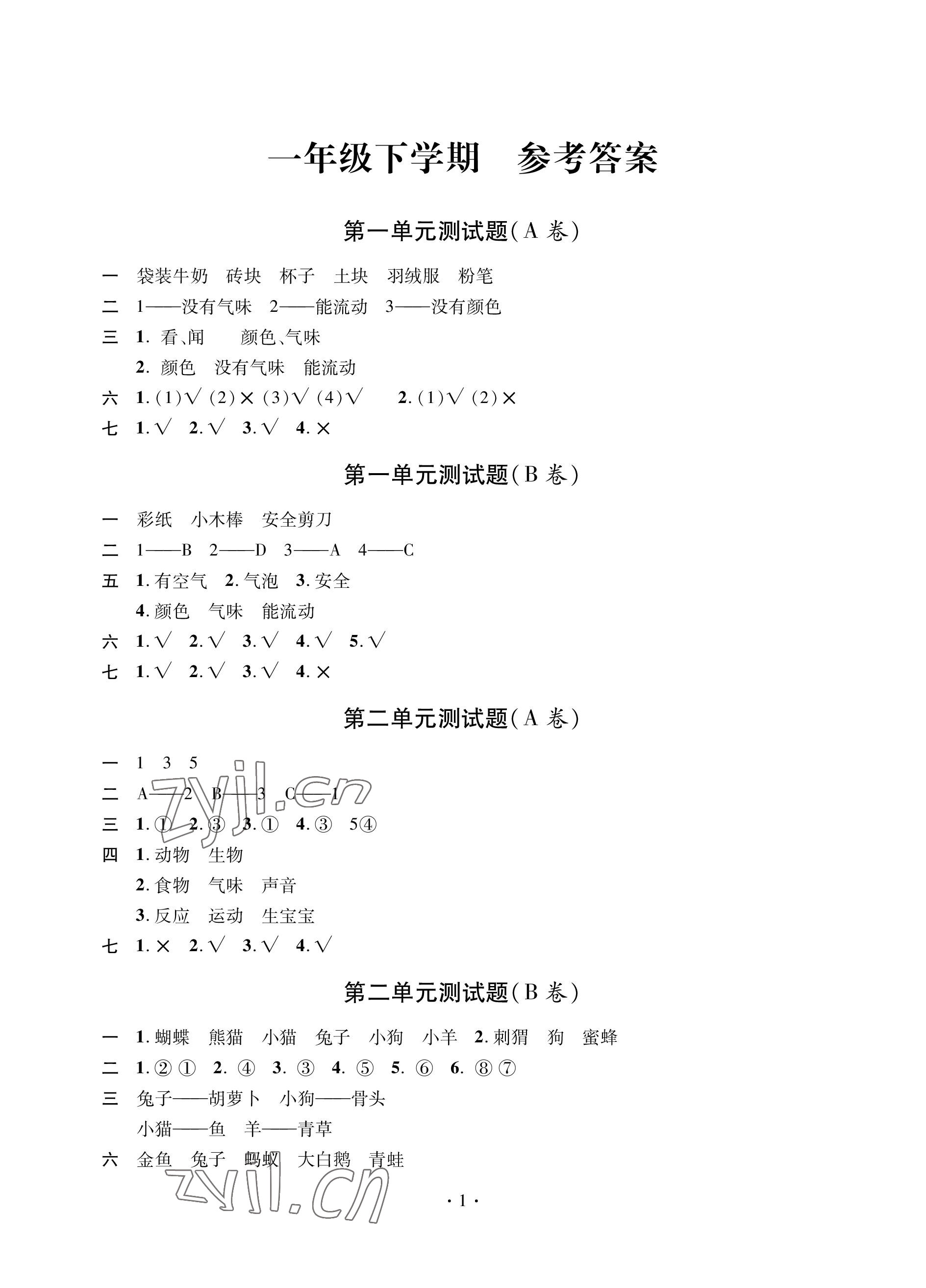 2023年單元自測試卷青島出版社一年級科學(xué)下學(xué)期青島版 參考答案第1頁