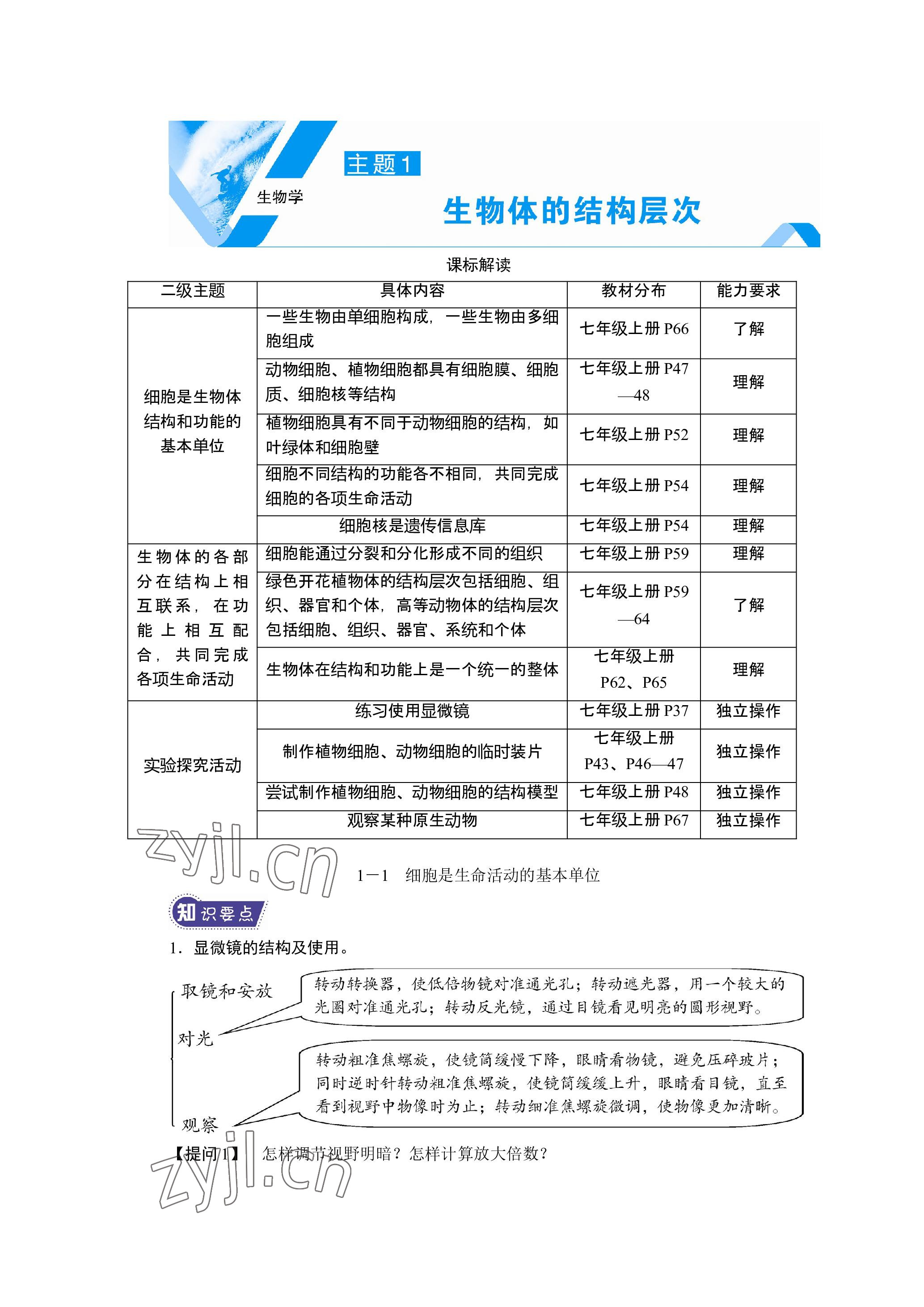 2023年晨光全优同步指导训练与检测生物 参考答案第1页