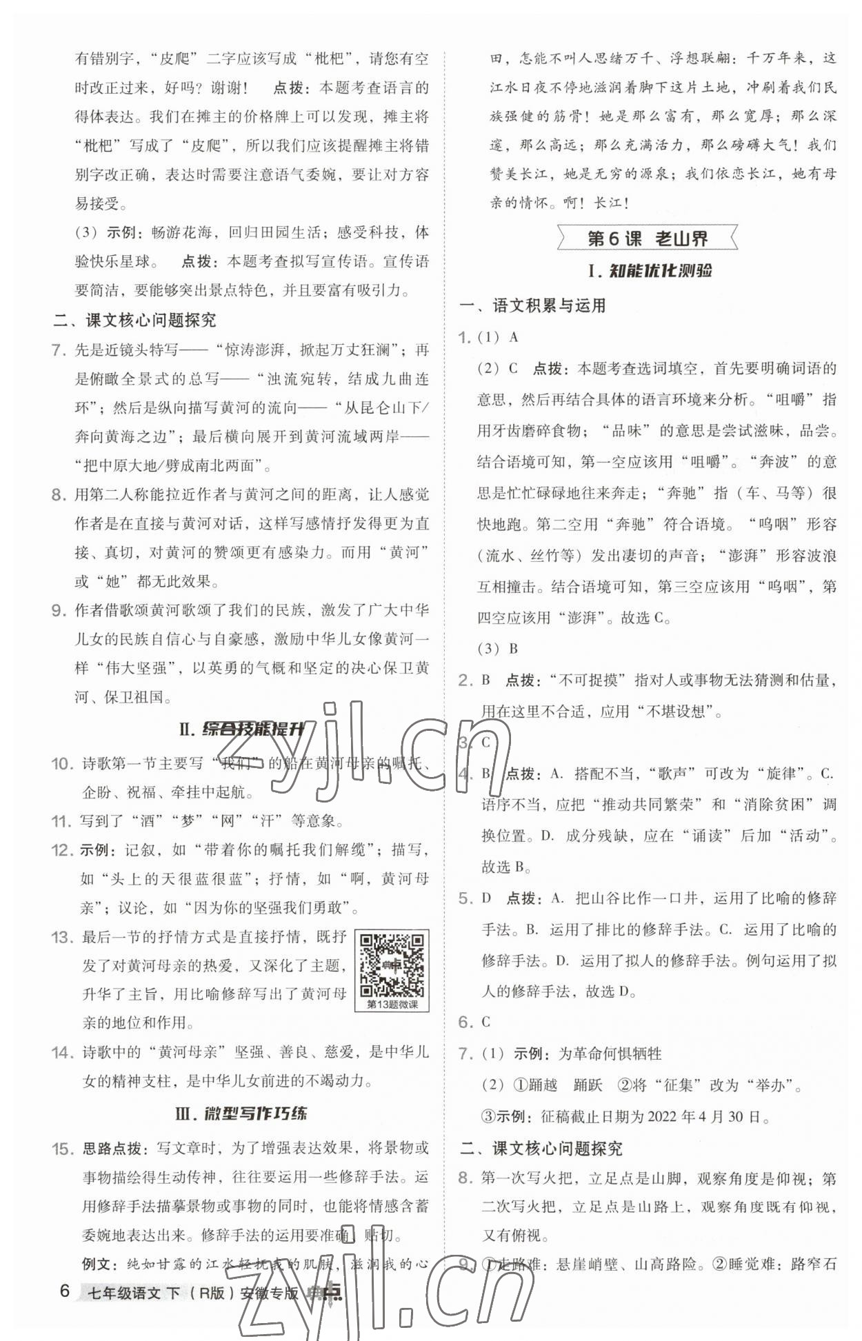 2023年综合应用创新题典中点七年级语文下册人教版安徽专版 参考答案第6页