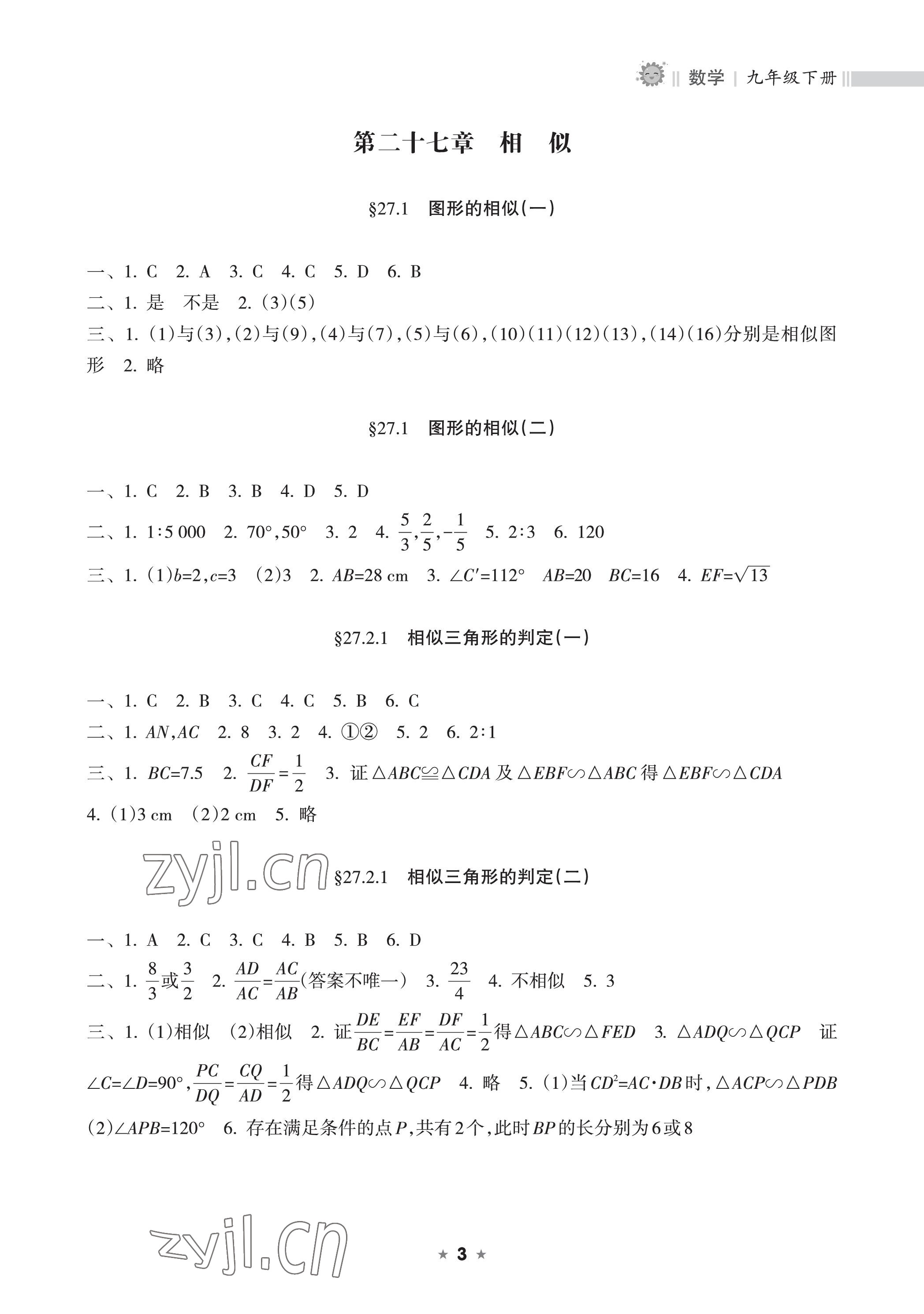 2023年新课程课堂同步练习册九年级数学下册人教版 参考答案第3页