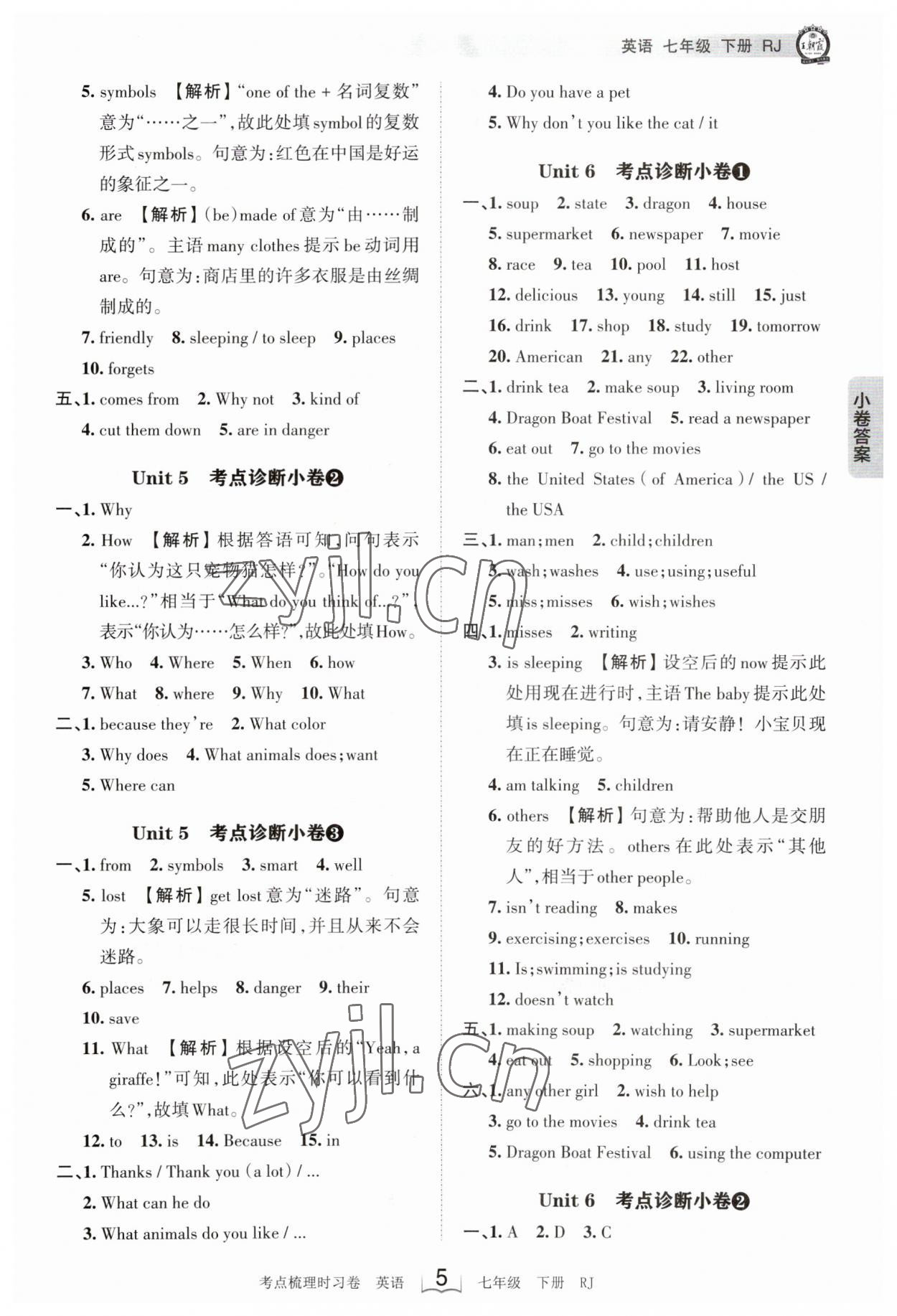 2023年王朝霞考点梳理时习卷七年级英语下册人教版 参考答案第5页