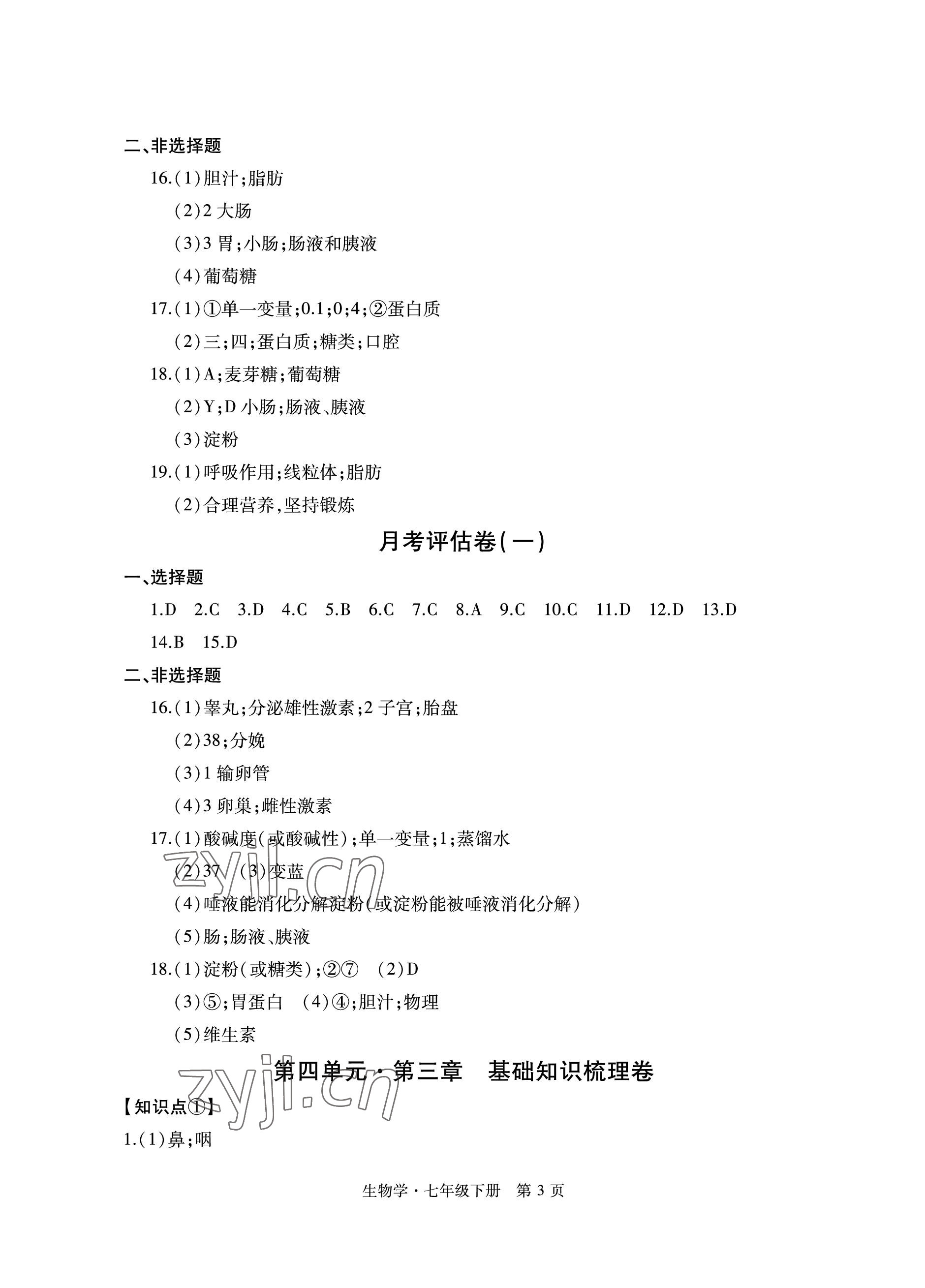 2023年初中同步练习册自主测试卷七年级生物下册人教版 参考答案第3页