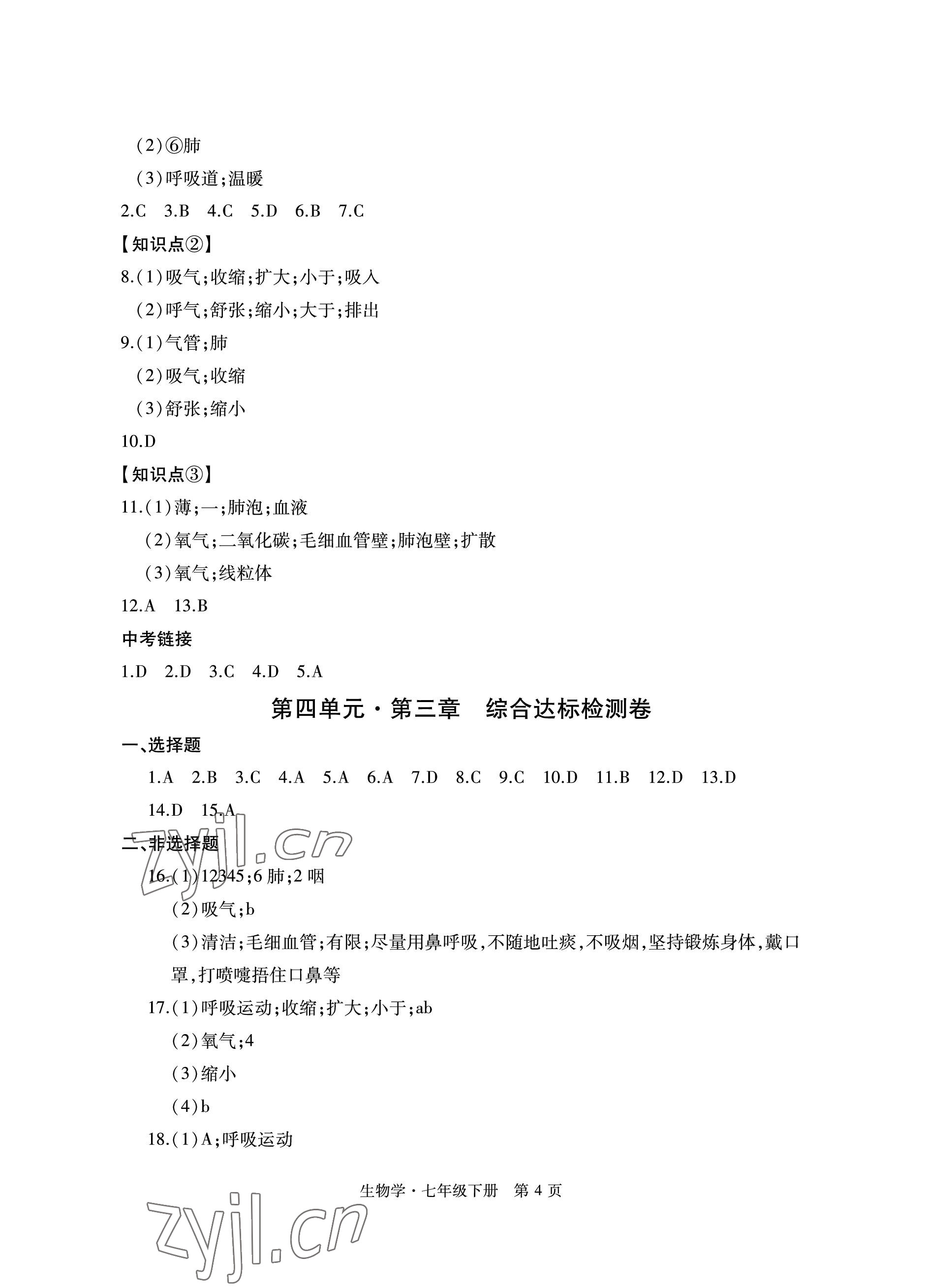 2023年初中同步练习册自主测试卷七年级生物下册人教版 参考答案第4页