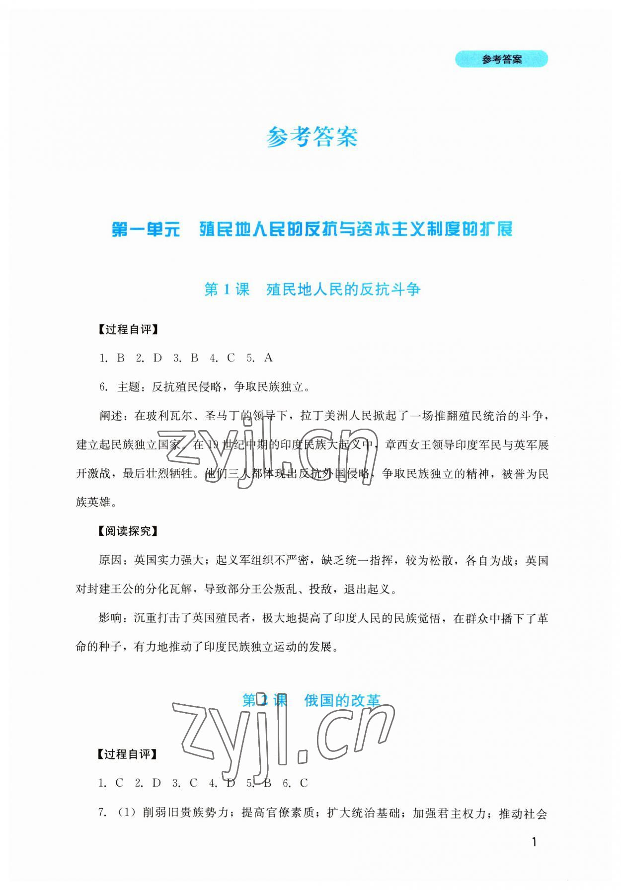 2023年新课程实践与探究丛书九年级历史下册人教版 参考答案第1页