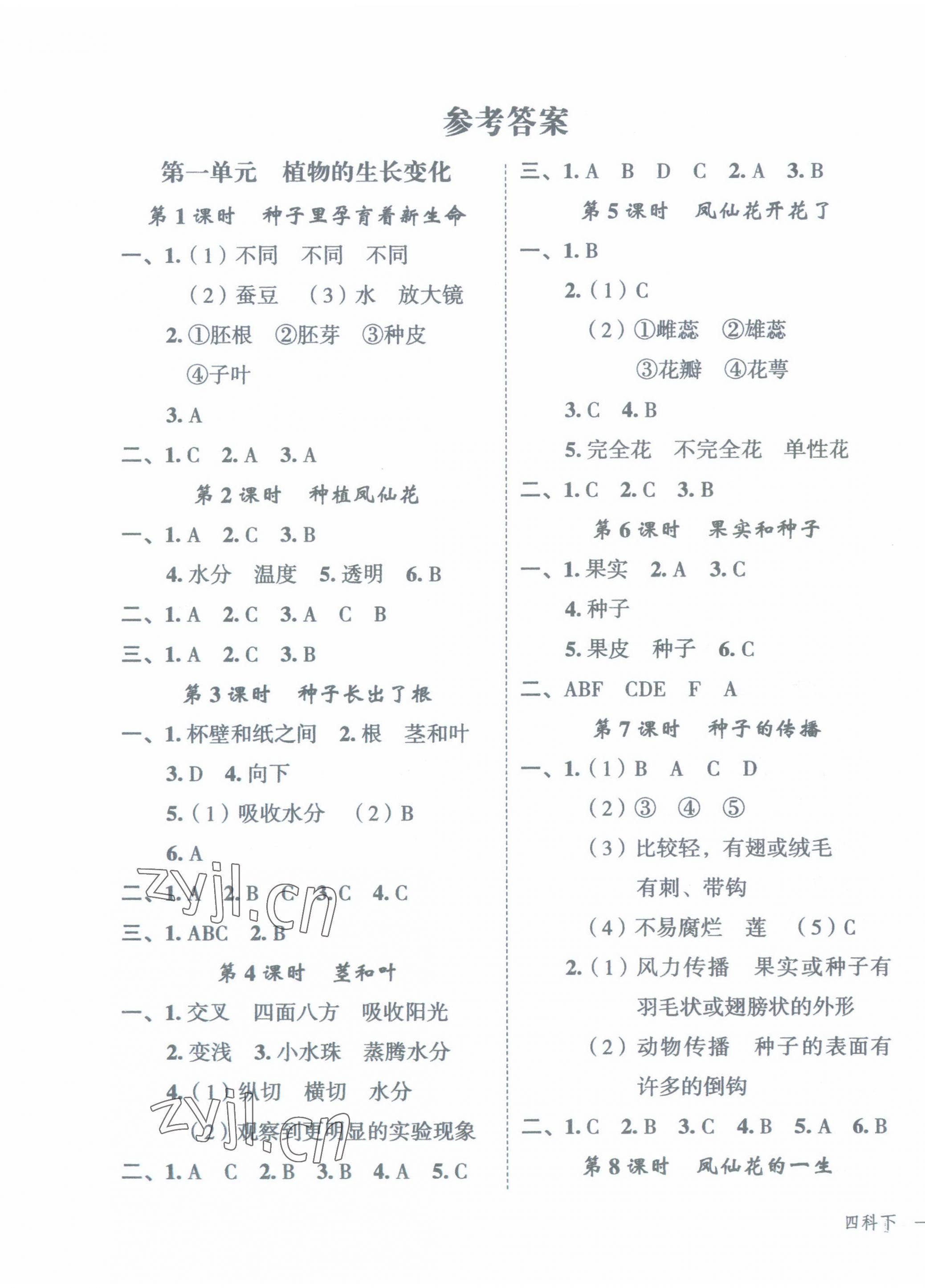 2023年名師面對面先學(xué)后練四年級科學(xué)下冊教科版 參考答案第1頁