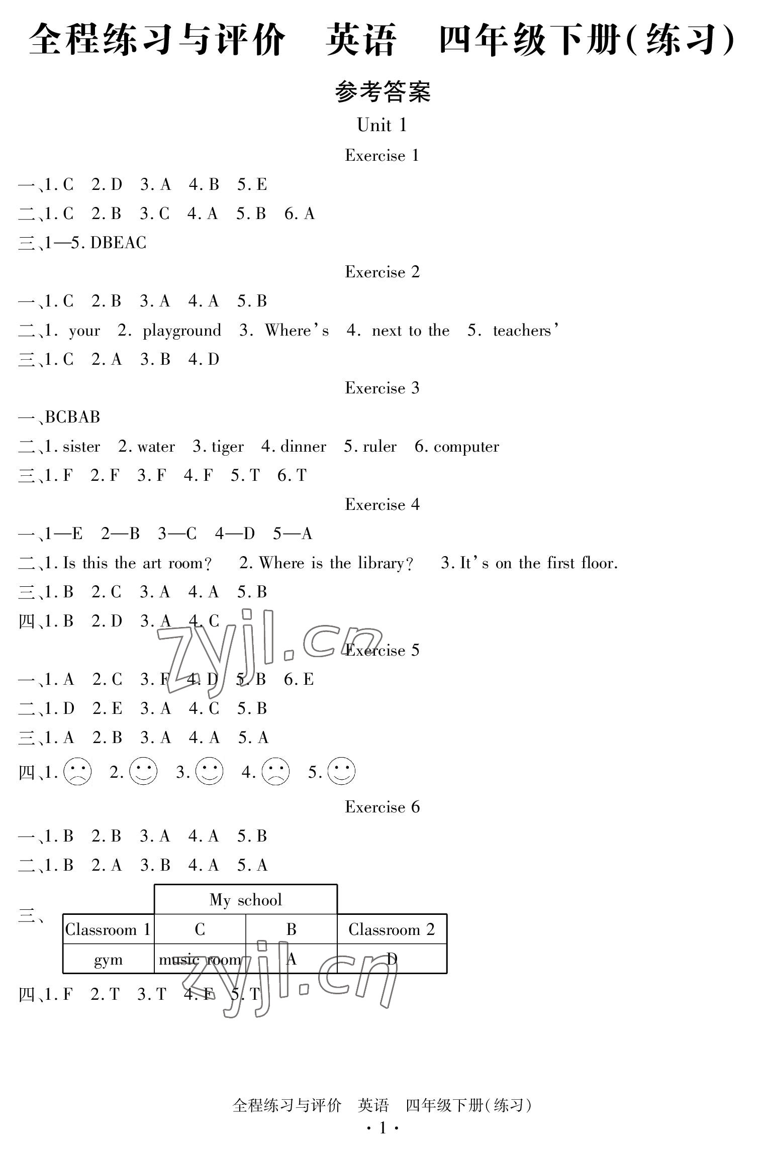 2023年全程練習(xí)與評(píng)價(jià)四年級(jí)英語下冊(cè)人教版 參考答案第1頁