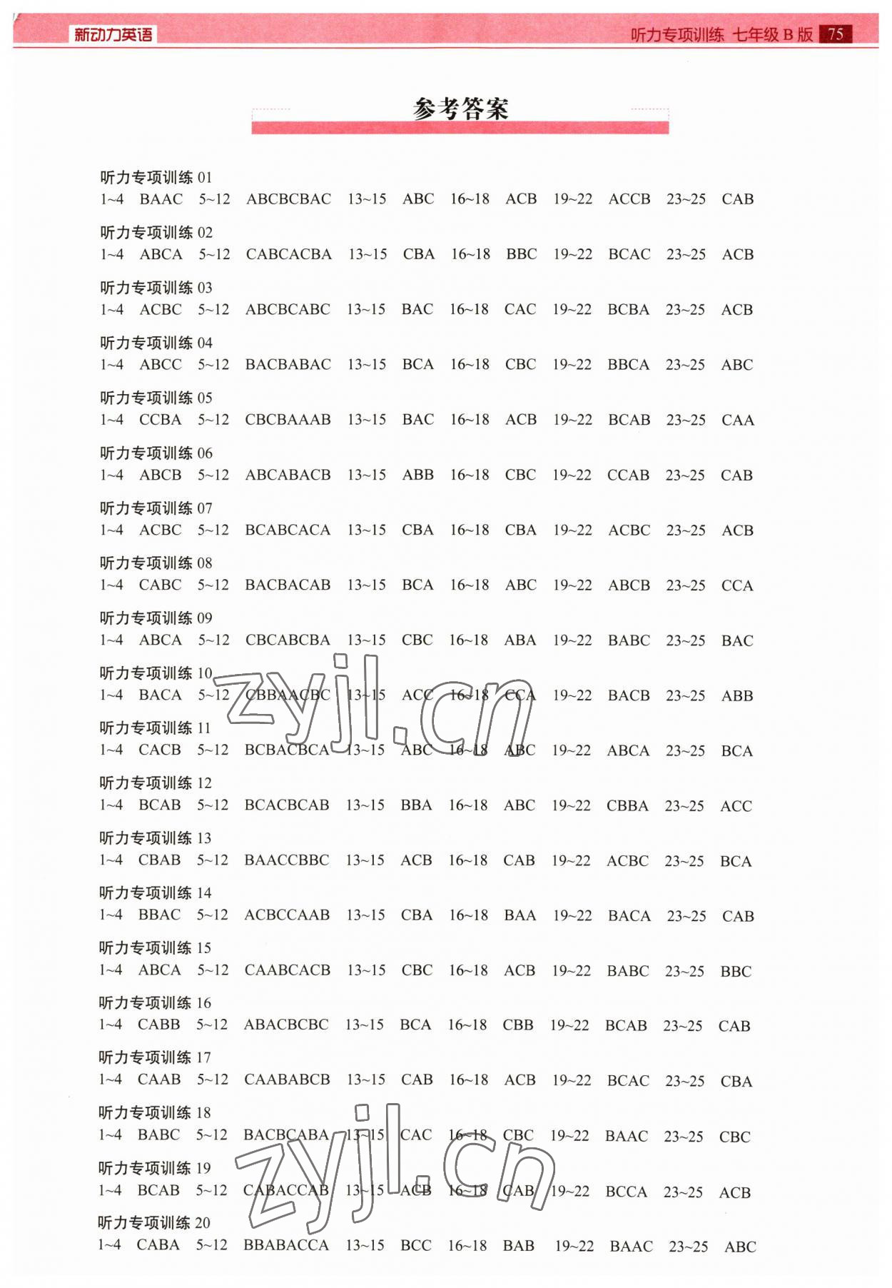 2023年新動(dòng)力聽力專項(xiàng)訓(xùn)練七年級(jí)英語下冊(cè)B版 參考答案第1頁