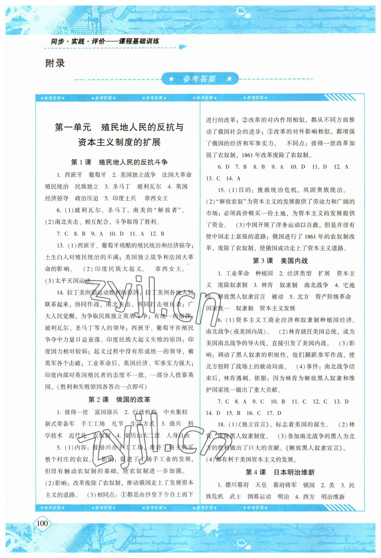 2023年同步實(shí)踐評價課程基礎(chǔ)訓(xùn)練九年級歷史下冊人教版 參考答案第1頁