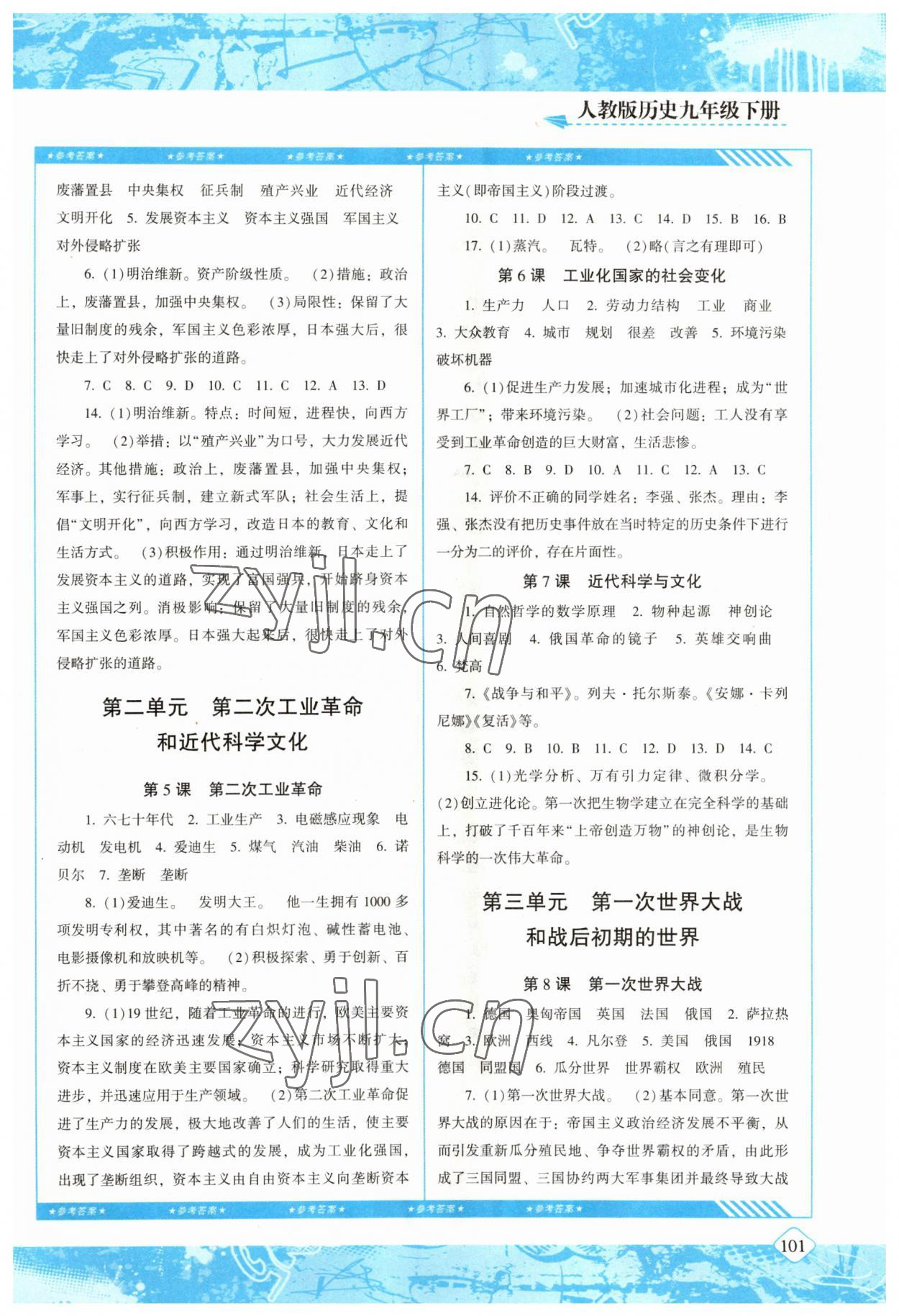 2023年同步實踐評價課程基礎(chǔ)訓(xùn)練九年級歷史下冊人教版 參考答案第2頁