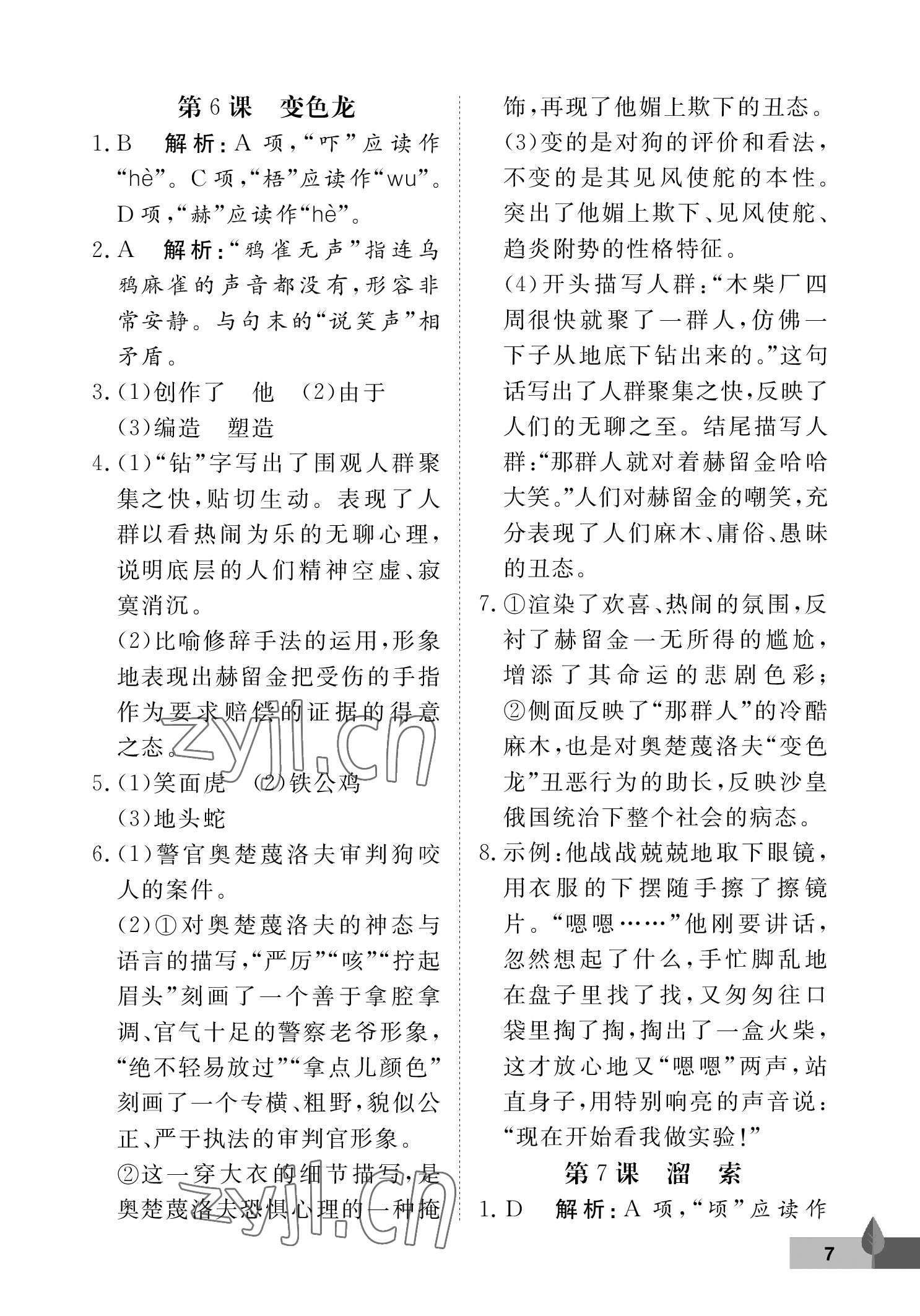 2023年黃岡作業(yè)本武漢大學(xué)出版社九年級(jí)語(yǔ)文下冊(cè)人教版 參考答案第7頁(yè)