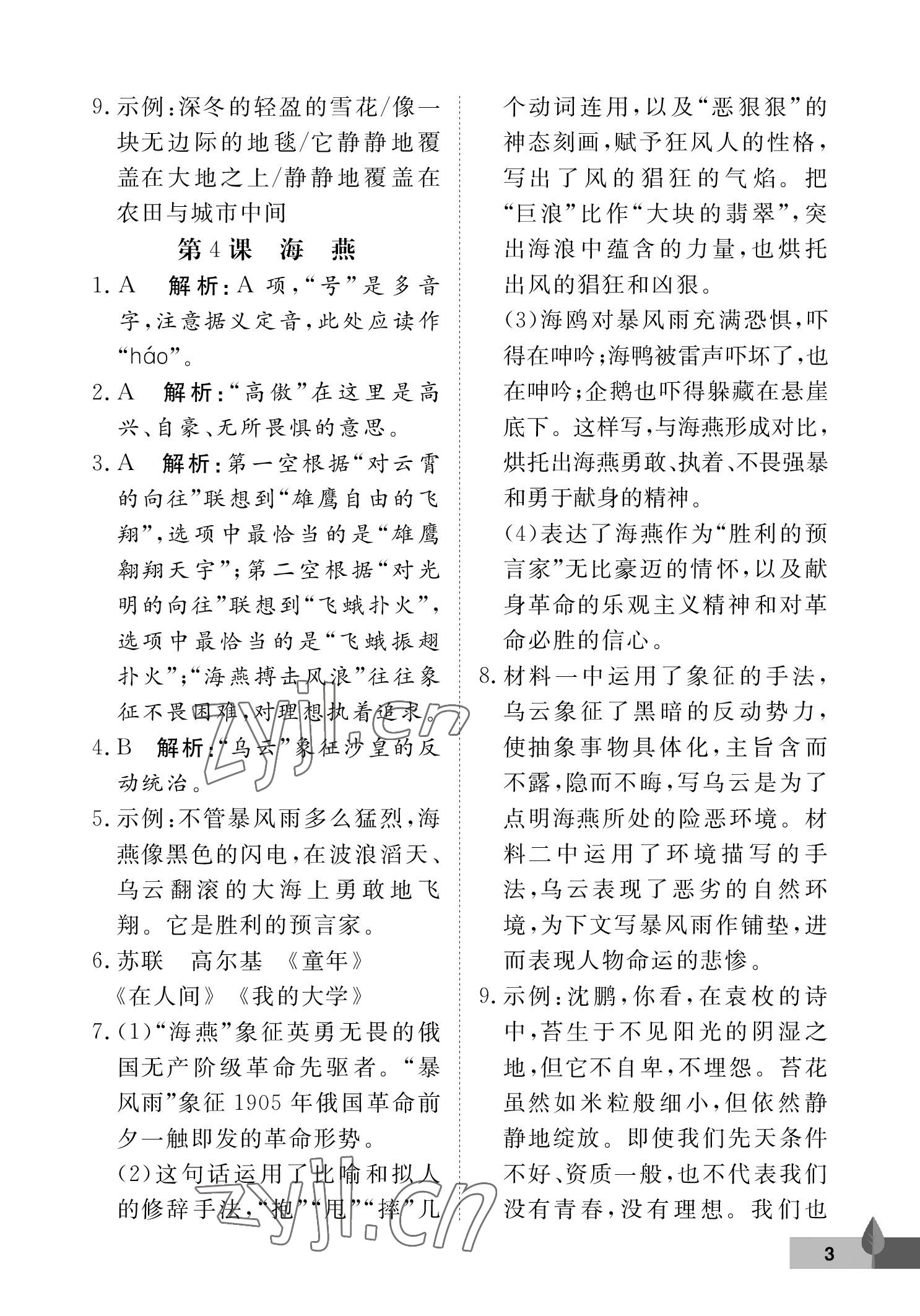 2023年黃岡作業(yè)本武漢大學(xué)出版社九年級(jí)語(yǔ)文下冊(cè)人教版 參考答案第3頁(yè)