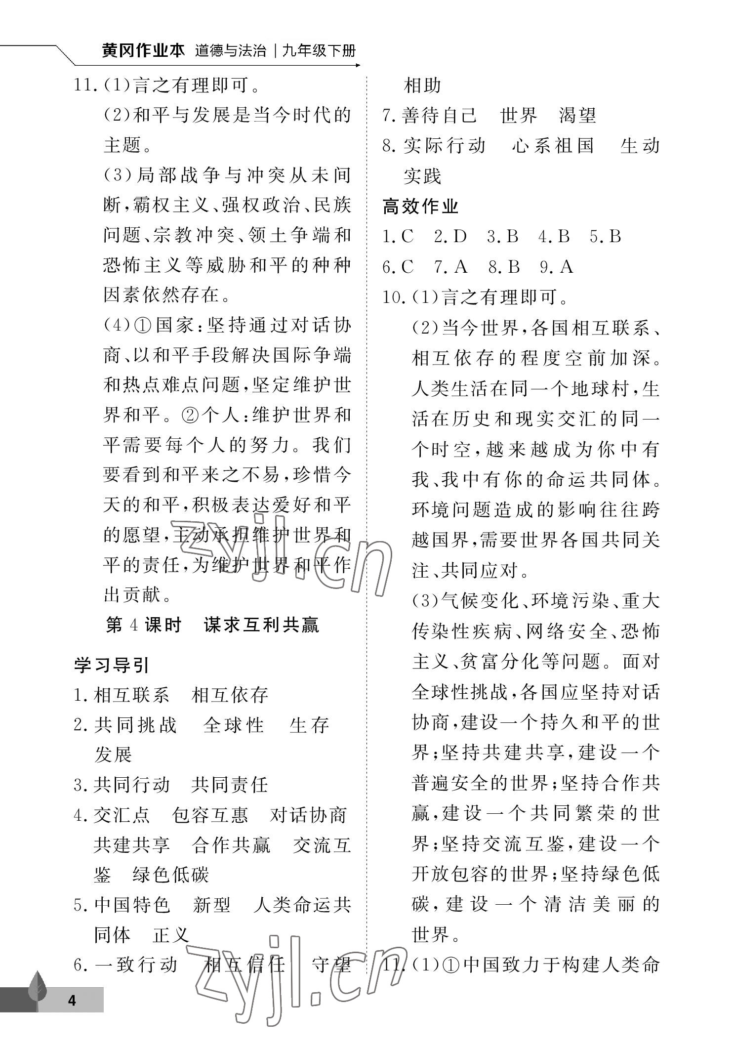 2023年黃岡作業(yè)本武漢大學(xué)出版社九年級道德與法治下冊人教版 參考答案第4頁