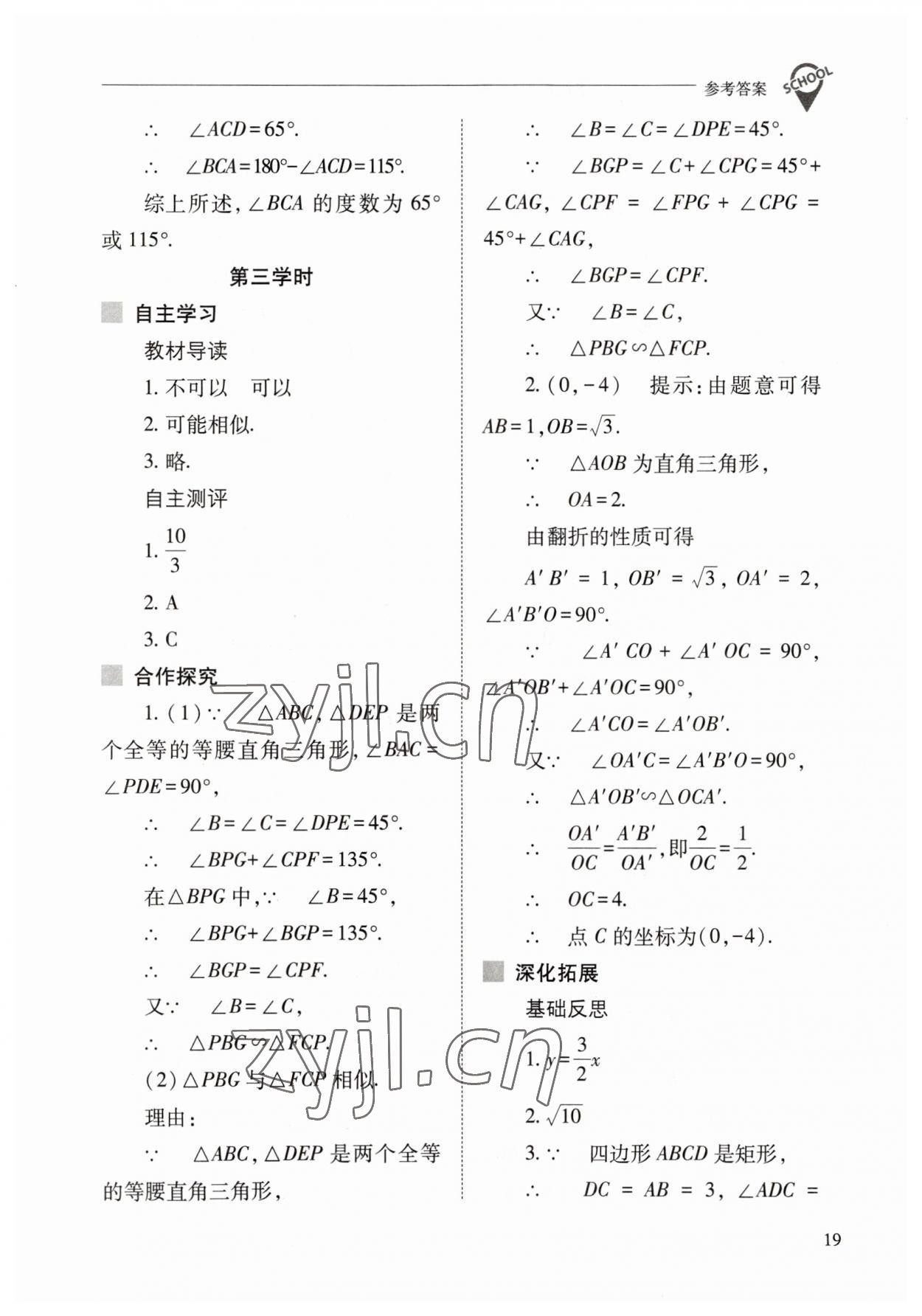 2023年新课程问题解决导学方案九年级数学下册人教版 参考答案第19页