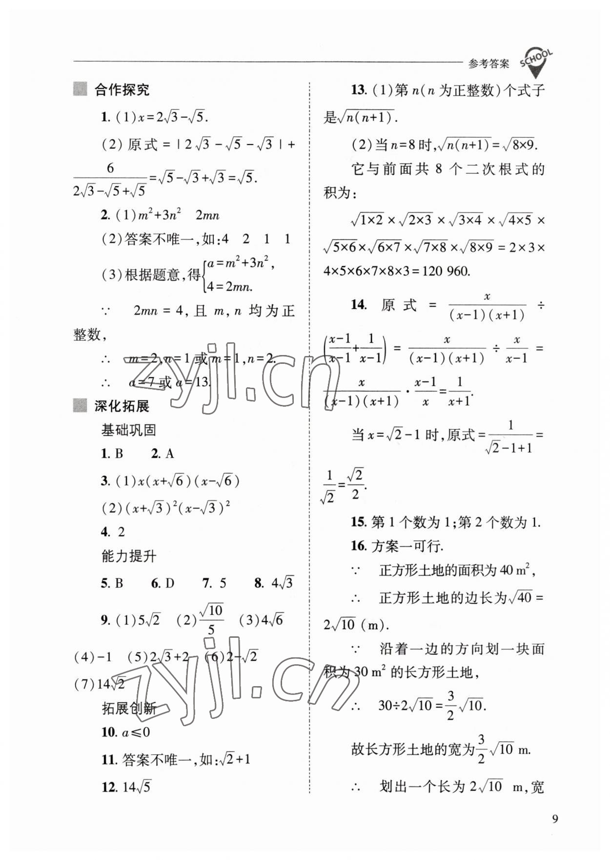 2023年新课程问题解决导学方案八年级数学下册人教版 参考答案第9页