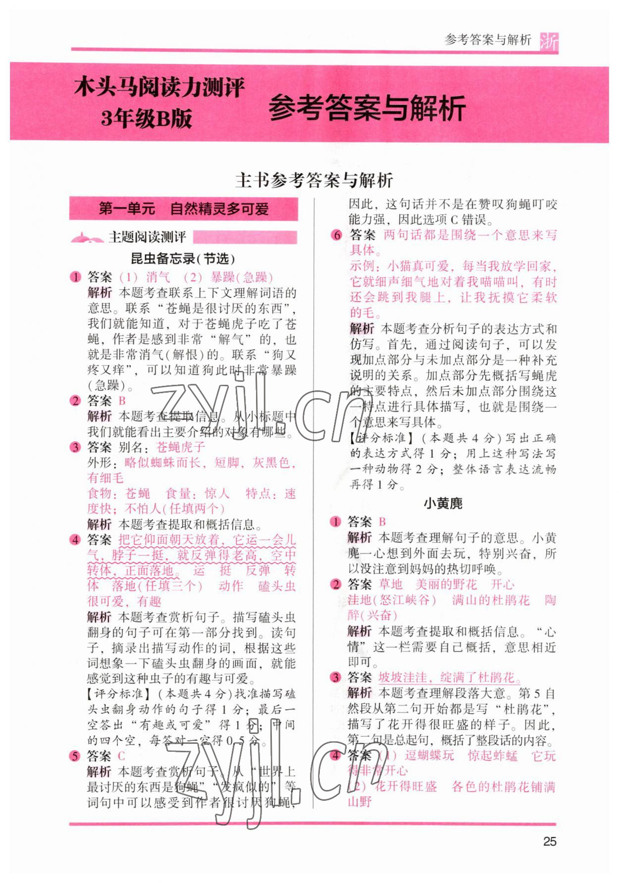 2023年木頭馬閱讀力測評三年級語文下冊人教版浙江專版 參考答案第1頁