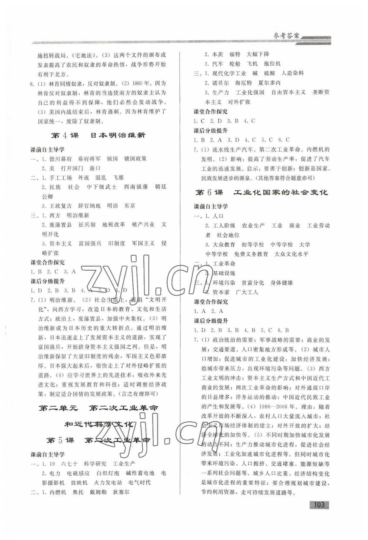 2023年同步練習(xí)冊(cè)人民教育出版社九年級(jí)歷史下冊(cè)人教版山東專版 參考答案第2頁(yè)