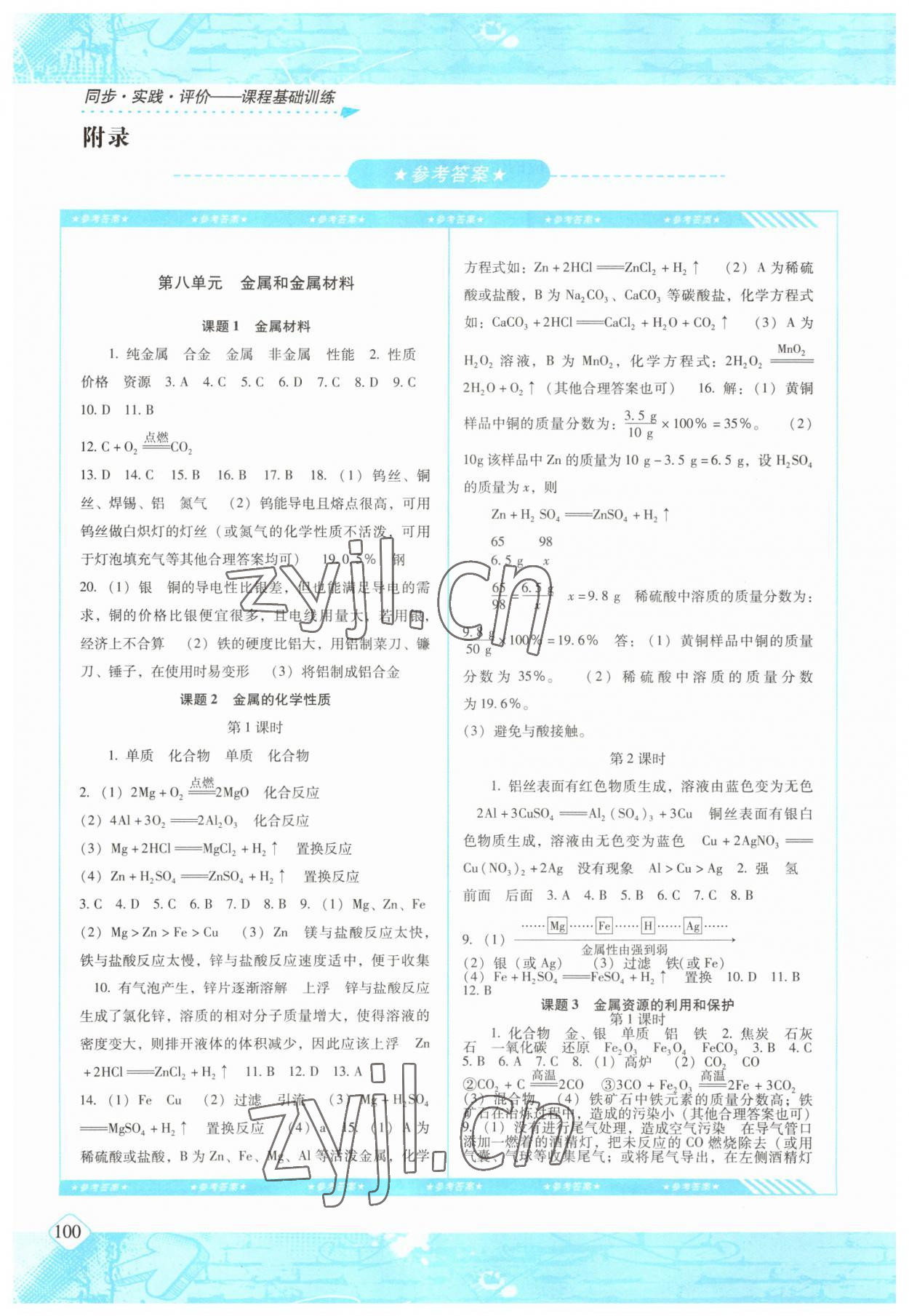 2023年同步實(shí)踐評(píng)價(jià)課程基礎(chǔ)訓(xùn)練九年級(jí)化學(xué)下冊(cè)人教版 參考答案第1頁(yè)