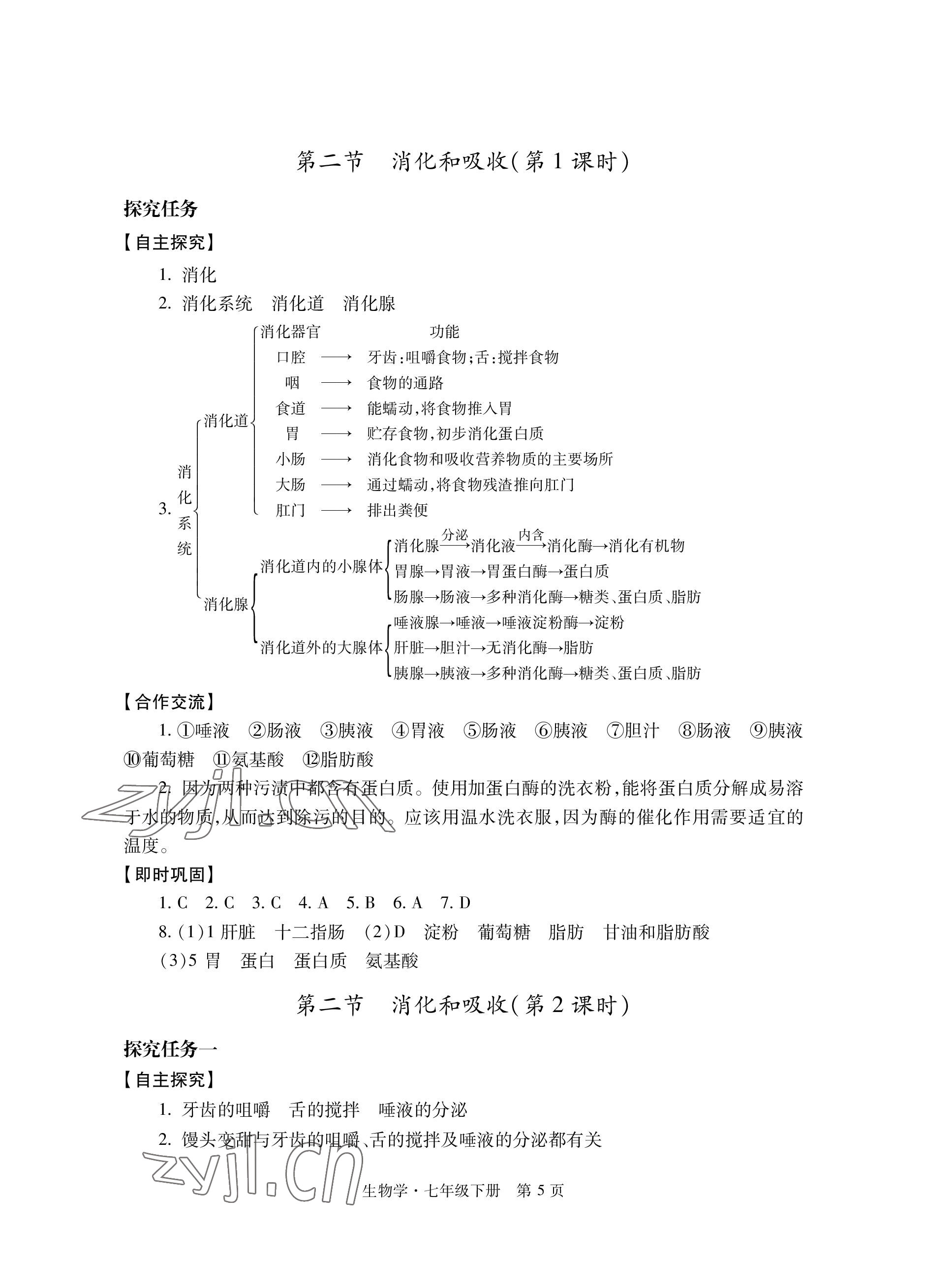 2023年自主學(xué)習(xí)指導(dǎo)課程與測試七年級生物下冊人教版 參考答案第5頁