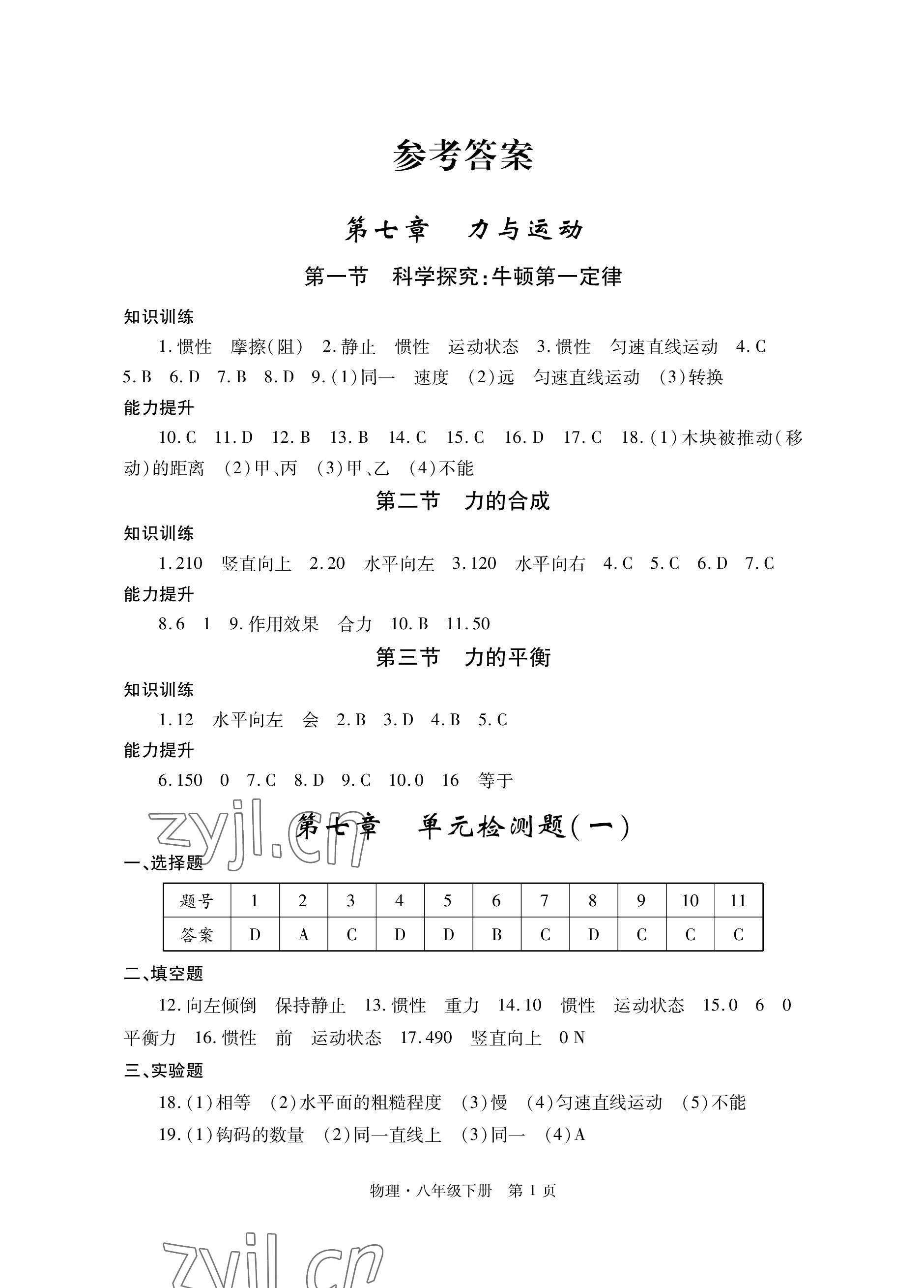 2023年自主學(xué)習(xí)指導(dǎo)課程與測試八年級物理下冊滬科版 參考答案第1頁