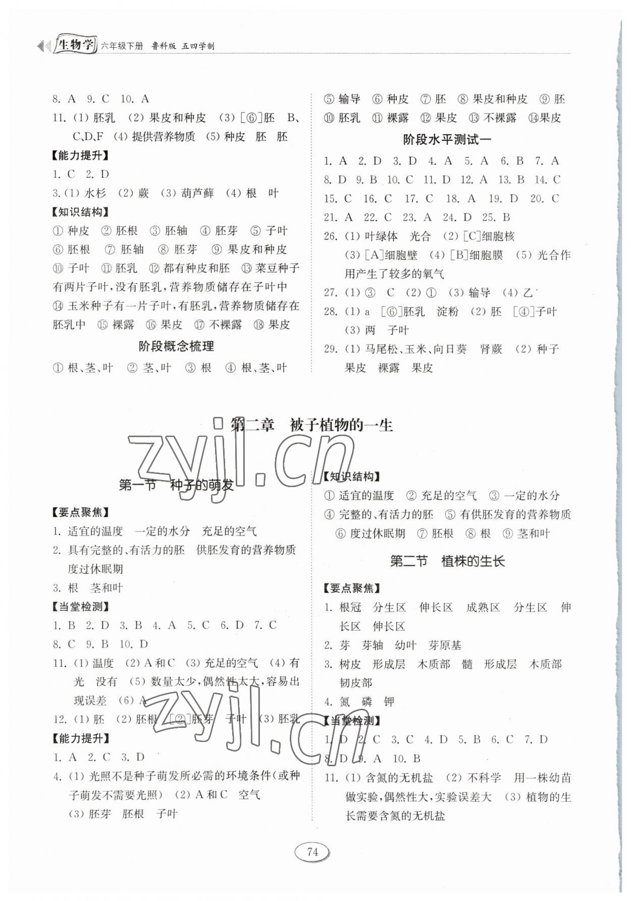 2023年初中同步練習(xí)冊六年級生物學(xué)下冊魯科版54制山東科學(xué)技術(shù)出版社 參考答案第2頁