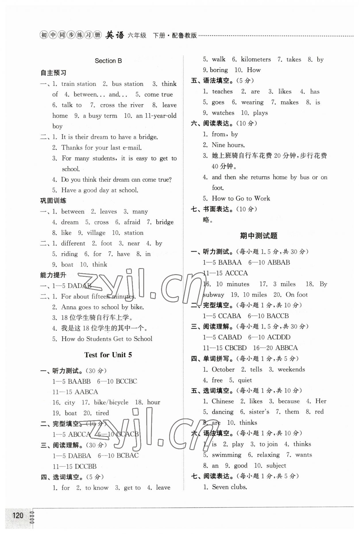 2023年同步練習冊六年級英語下冊魯教版54制山東教育出版社 參考答案第6頁