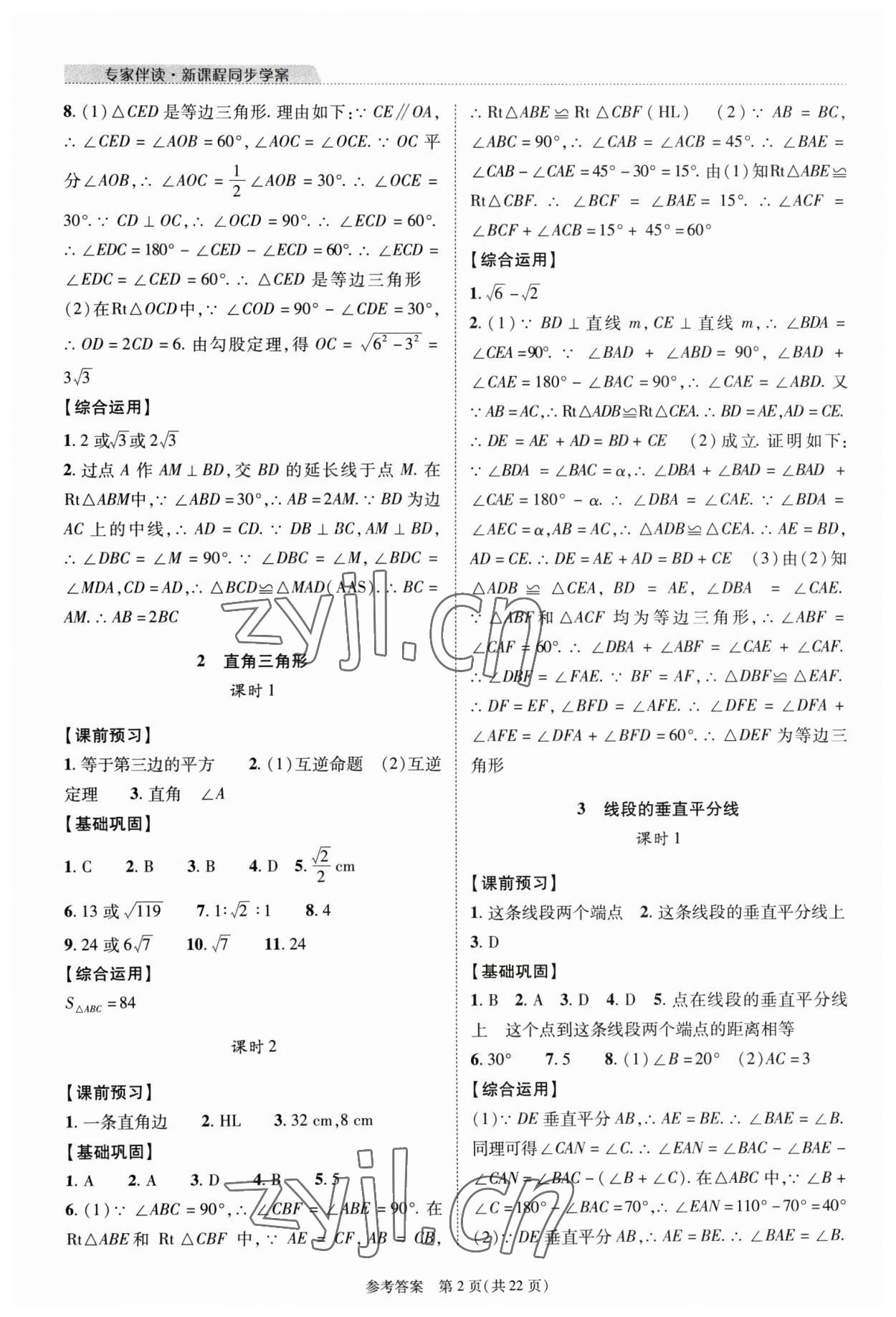 2023年新課程同步學(xué)案八年級數(shù)學(xué)下冊北師大版 參考答案第2頁