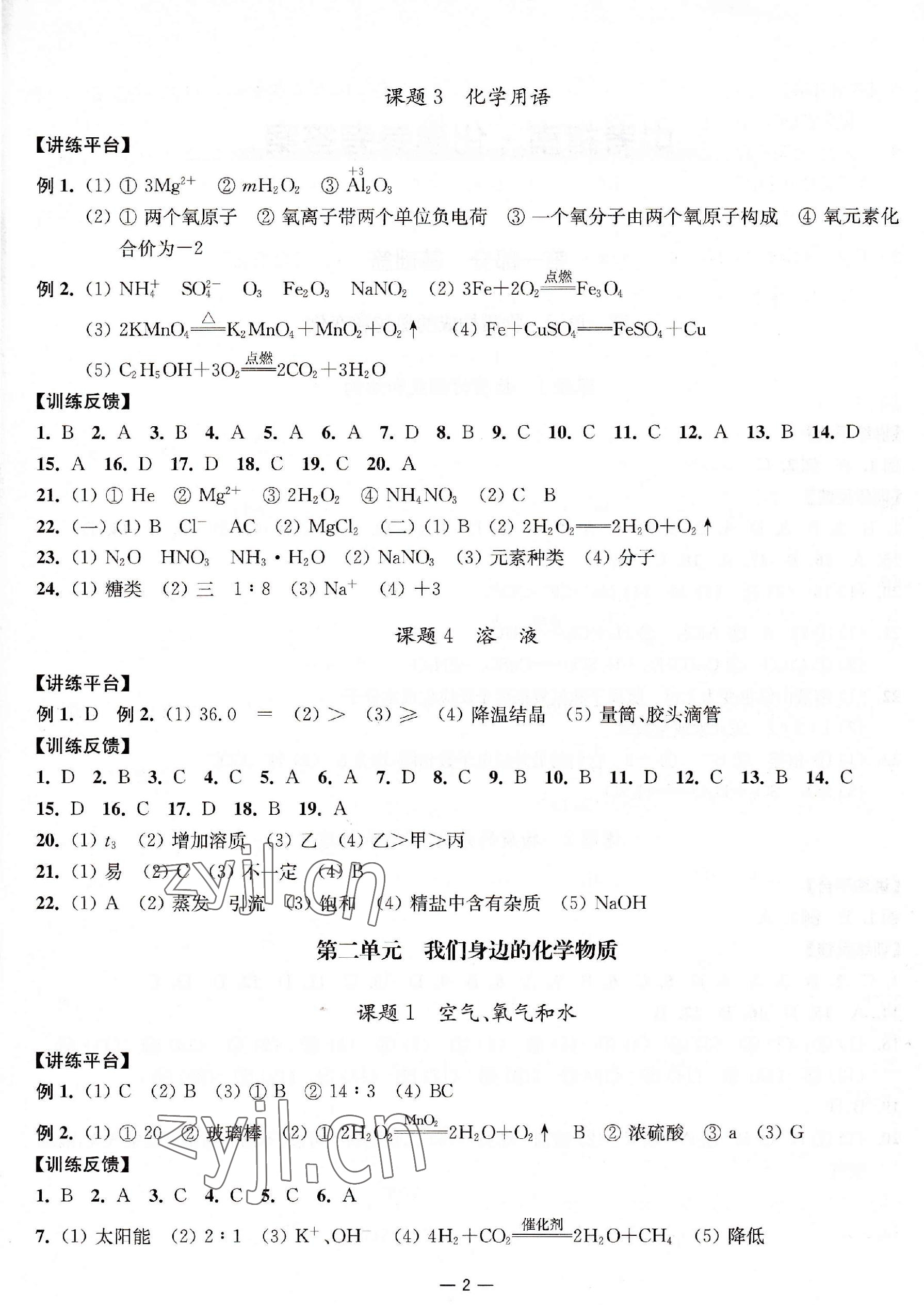 2023年中考指南化学 参考答案第2页