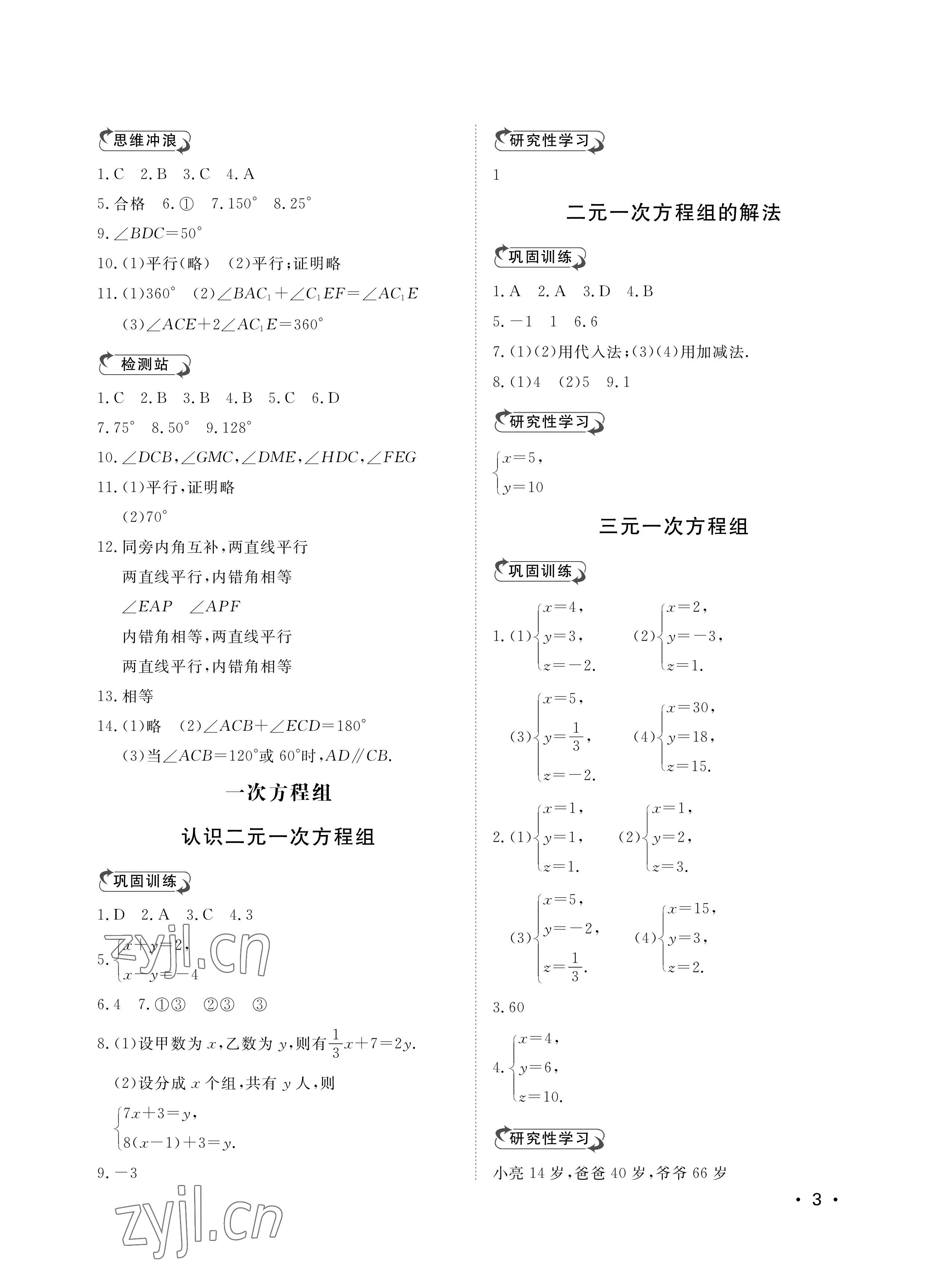 2023年行知天下七年級數(shù)學(xué)下冊青島版 參考答案第3頁