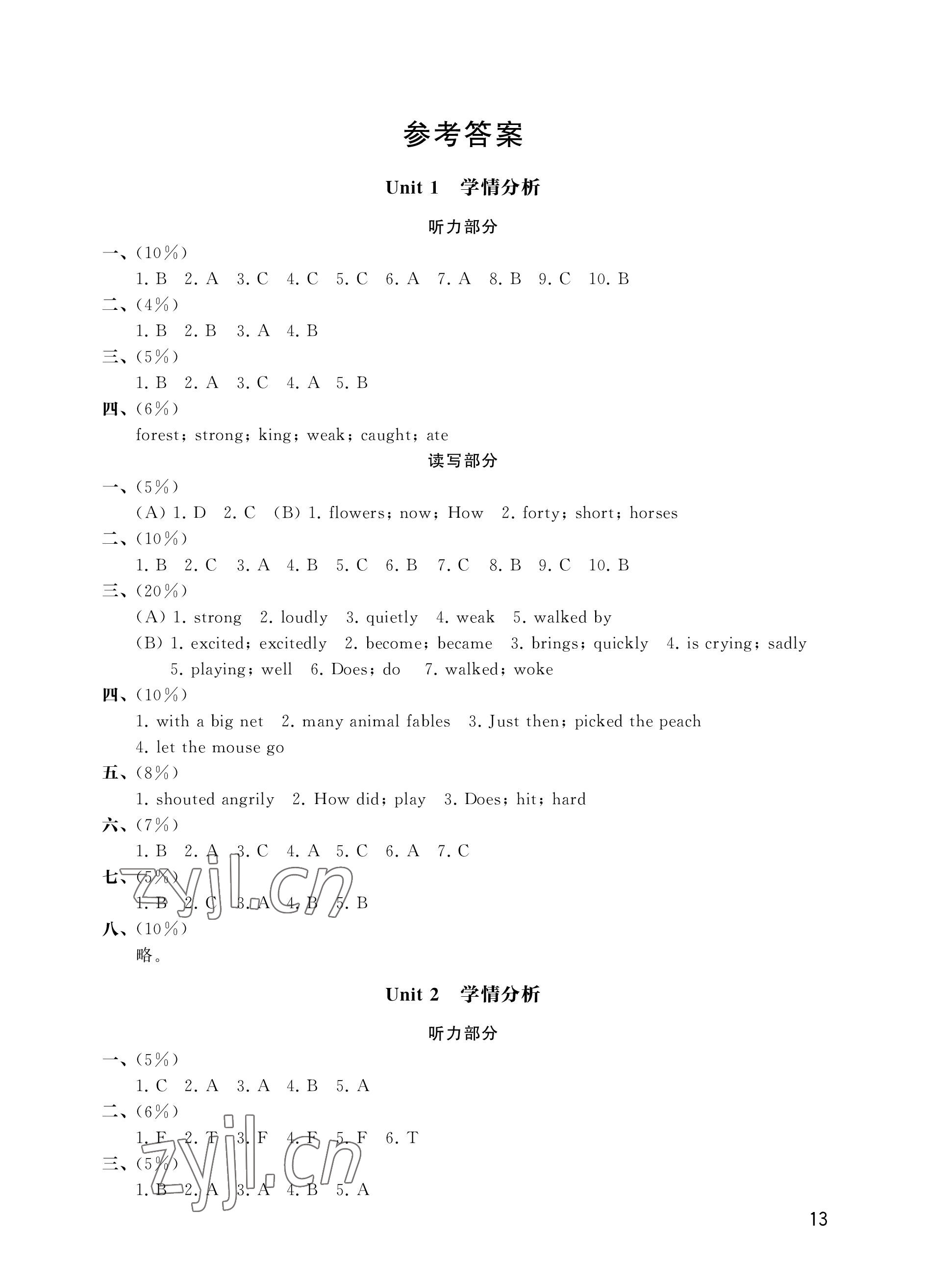 2023年自我评价与提升六年级英语下册译林版 参考答案第1页