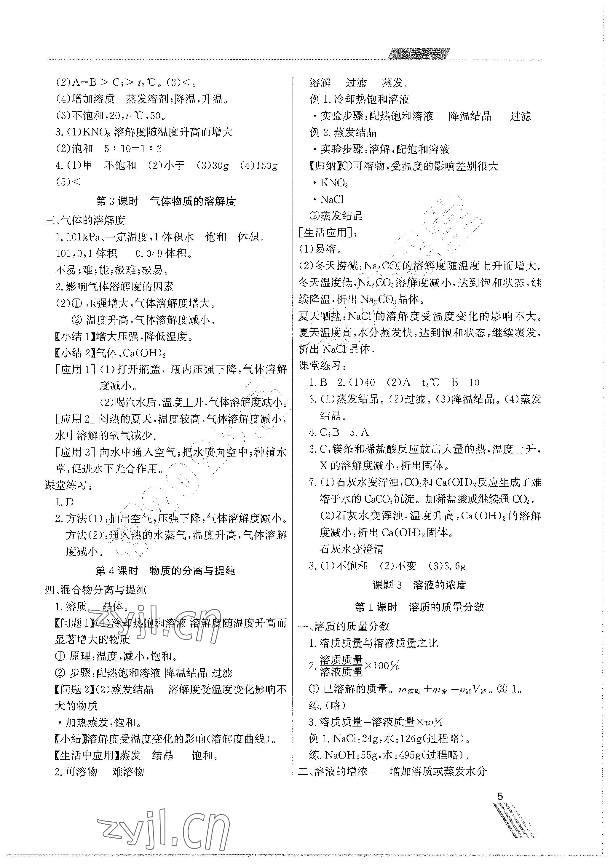 2023年育才課堂教學(xué)案九年級化學(xué)下冊 參考答案第5頁